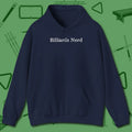 Billiards Nerd Hoodie, front view, in Navy for shooters who dress like they play: sharp
