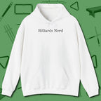 Billiards Nerd Hoodie, front view, in White clean lines for dirty minds
