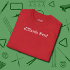 Billiards Nerd T-Shirt, folded view, in Red attitude built for the long haul