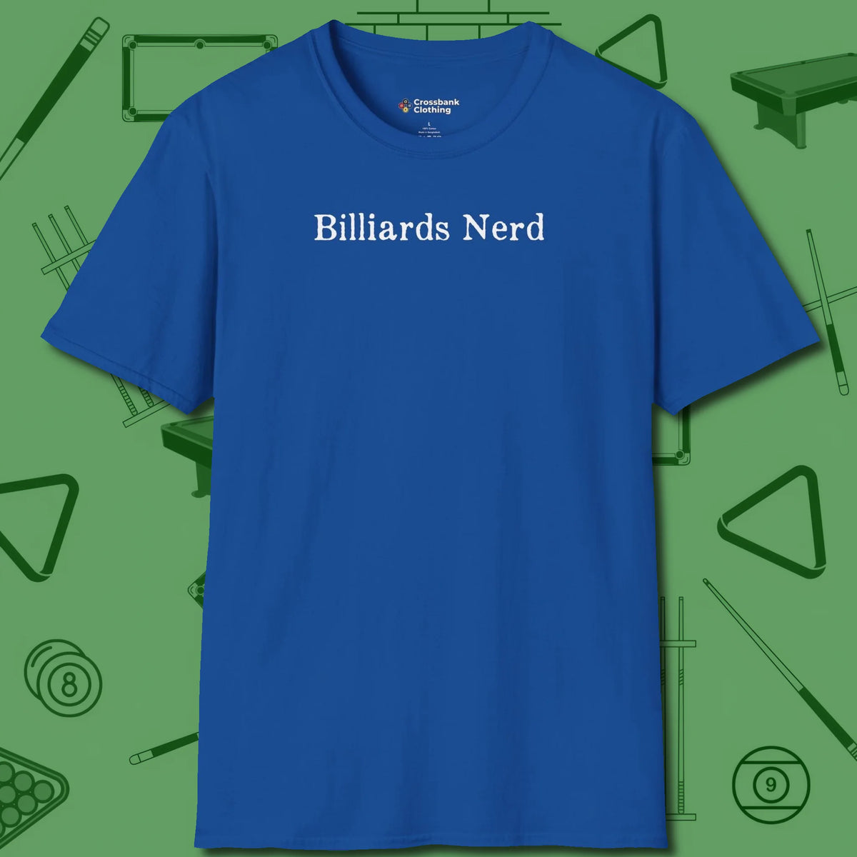 Billiards Nerd T-Shirt, front view, in Royal smart apparel for strategic players