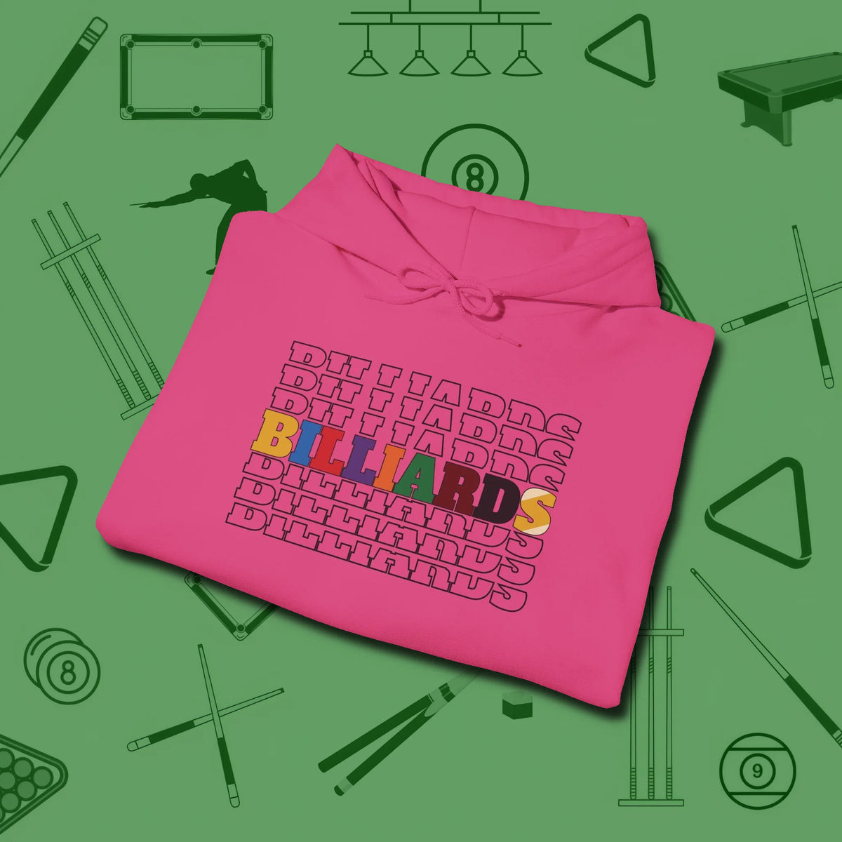 Billiards Retro Sign Hoodie, folded view, in Heliconia strike fear with swagger and precision