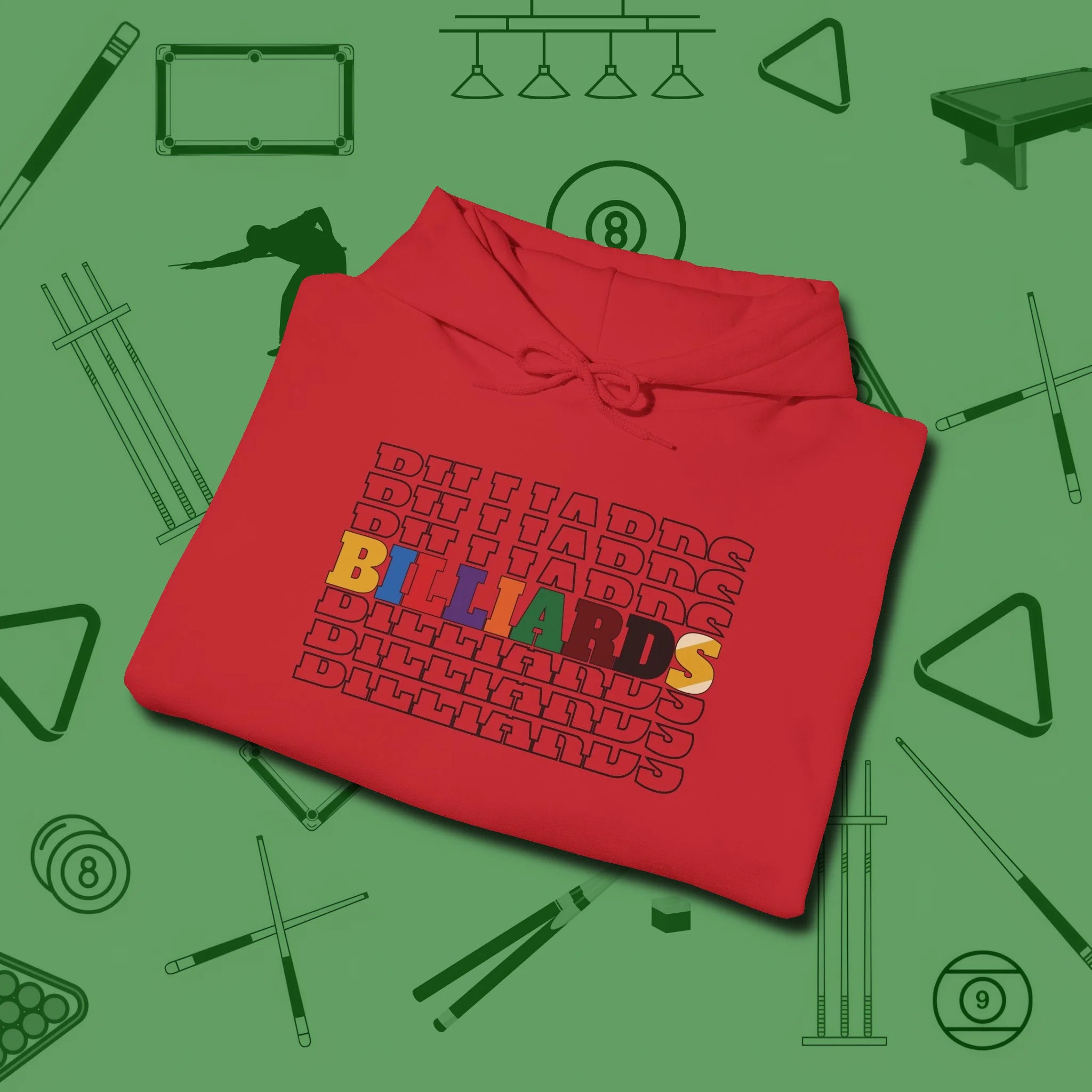 Billiards Retro Sign Hoodie, folded view, in Red smart enough for the felt and the street