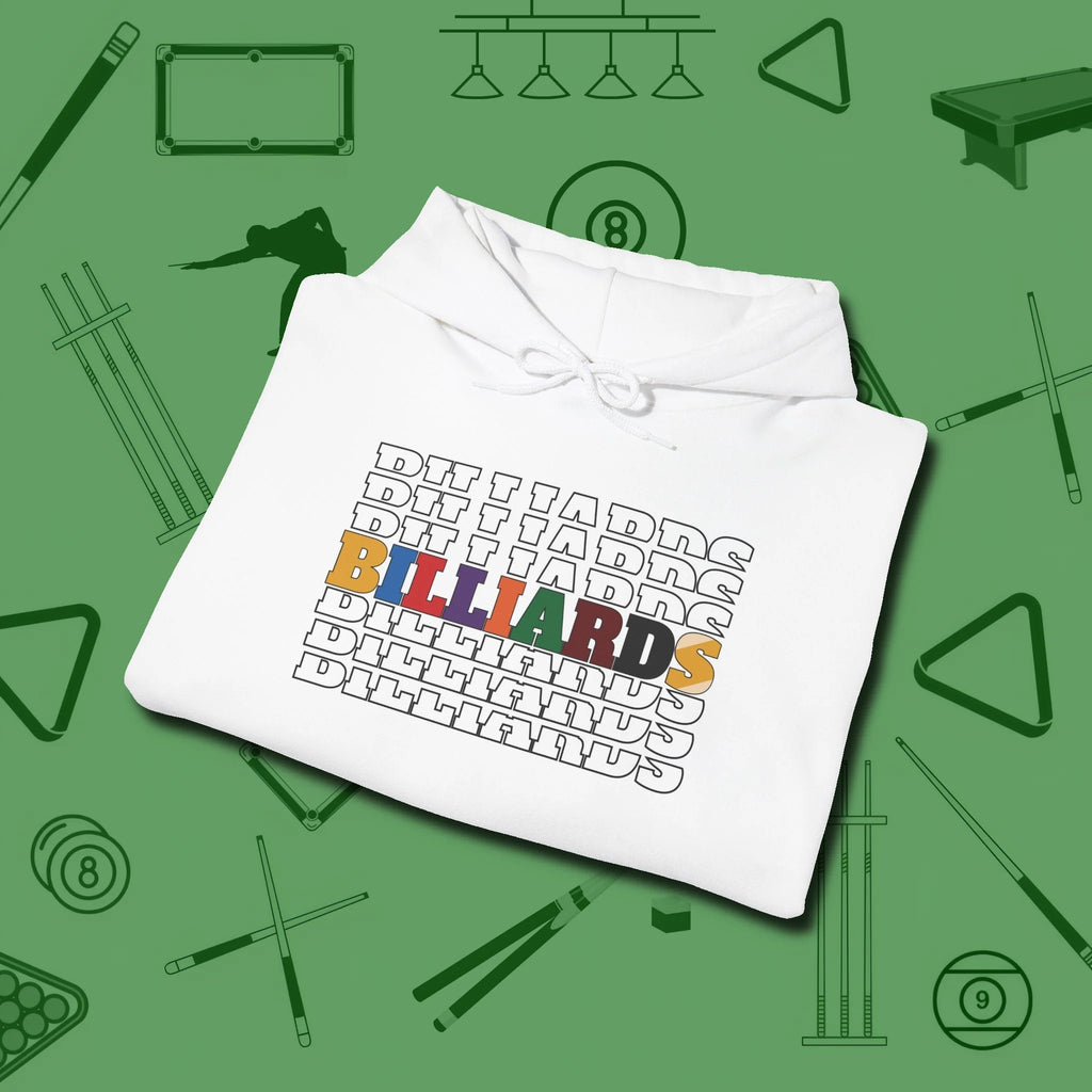 Billiards Retro Sign Hoodie, folded view, in White where cue control meets personal style