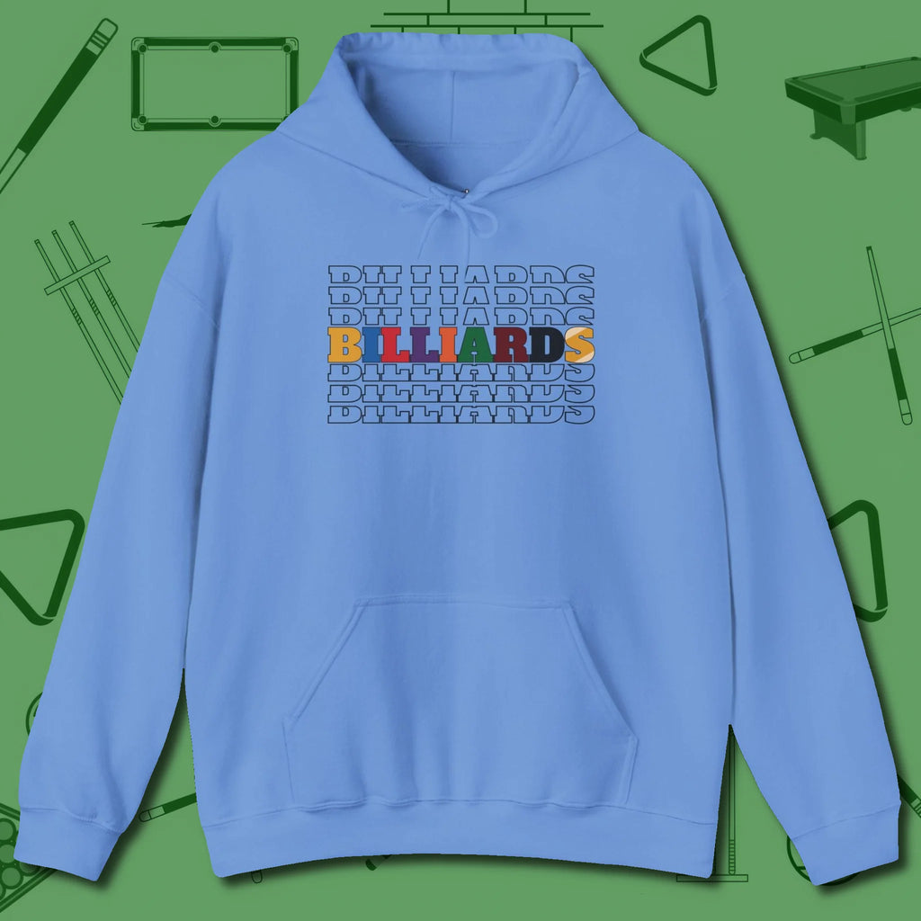 Billiards Retro Sign Hoodie, front view, in Carolina Blue because pool isn’t just a game — it’s who you are