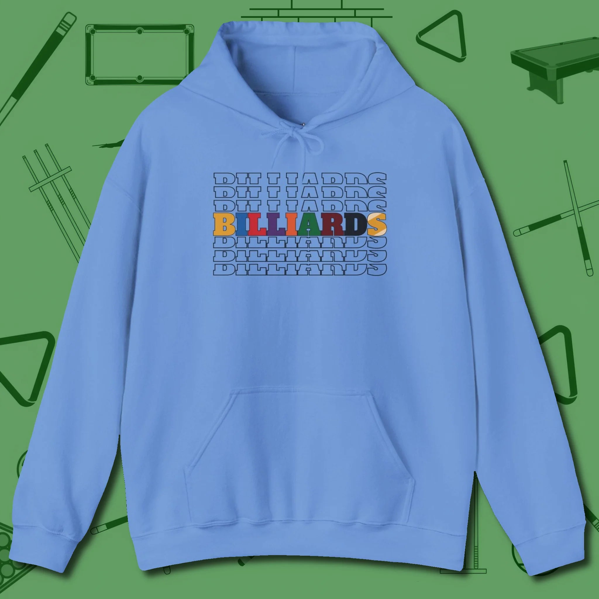 Billiards Retro Sign Hoodie, front view, in Carolina Blue because pool isn’t just a game — it’s who you are