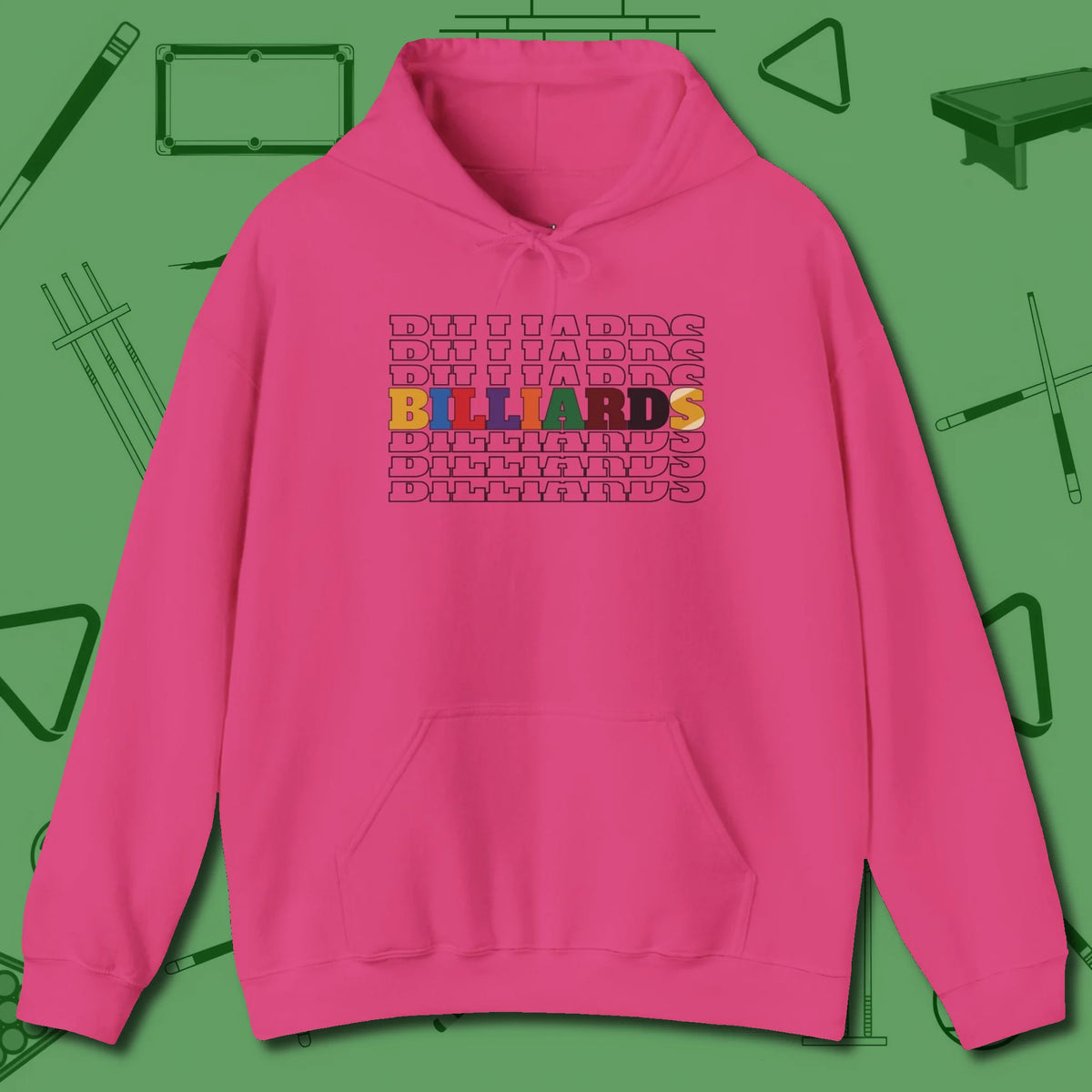 Billiards Retro Sign Hoodie, front view, in Heliconia fashion with break-and-run energy