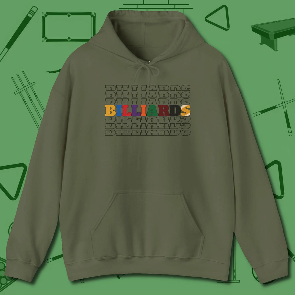 Billiards Retro Sign Hoodie, front view, in Military Green because pool isn’t just a game — it’s who you are