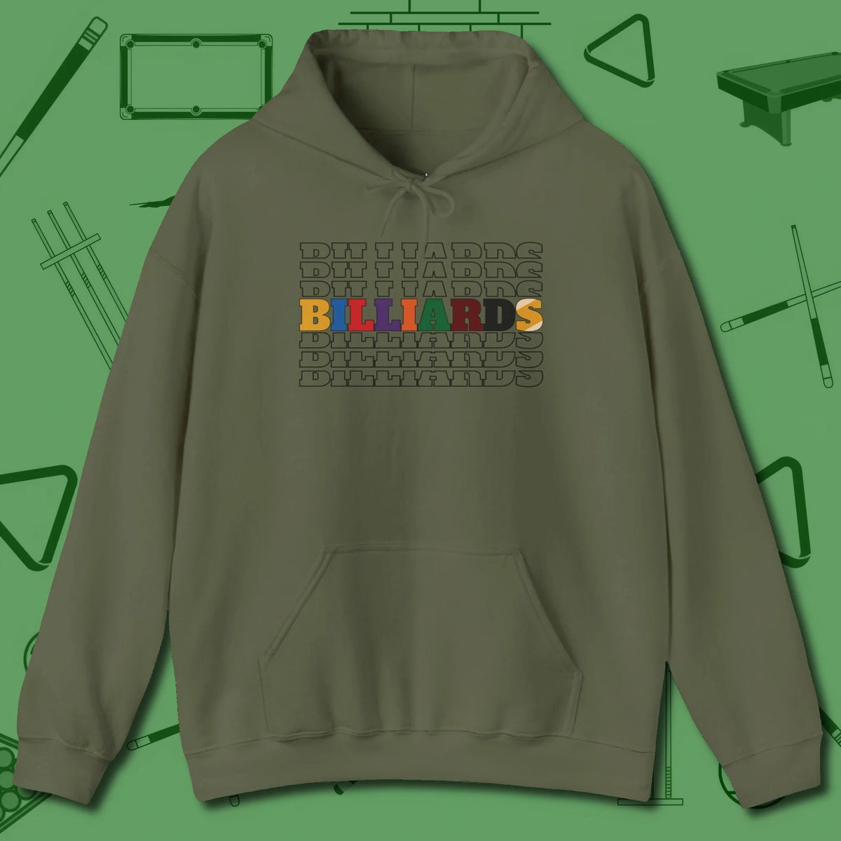 Billiards Retro Sign Hoodie, front view, in Military Green because pool isn’t just a game — it’s who you are