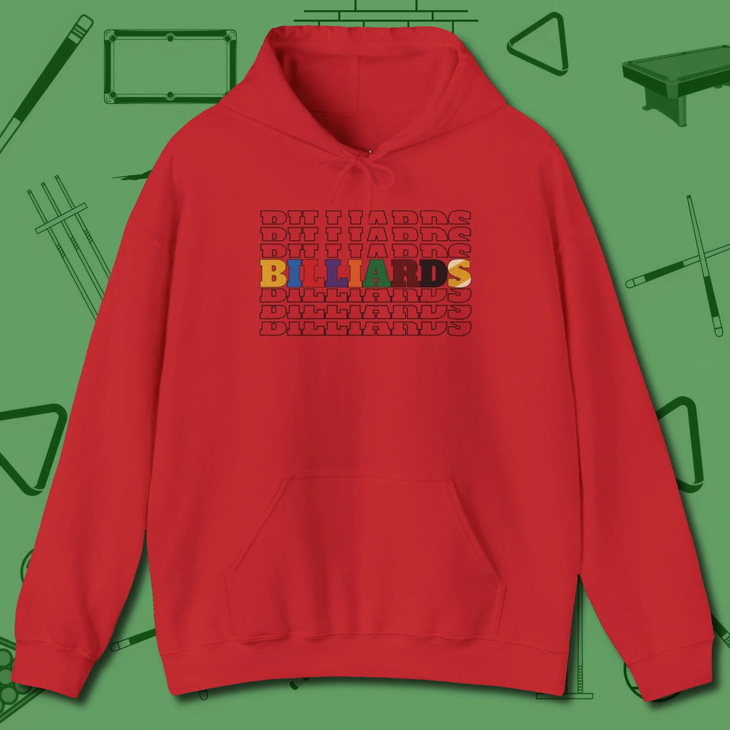 Billiards Retro Sign Hoodie, front view, in Red because pool isn’t just a game — it’s who you are