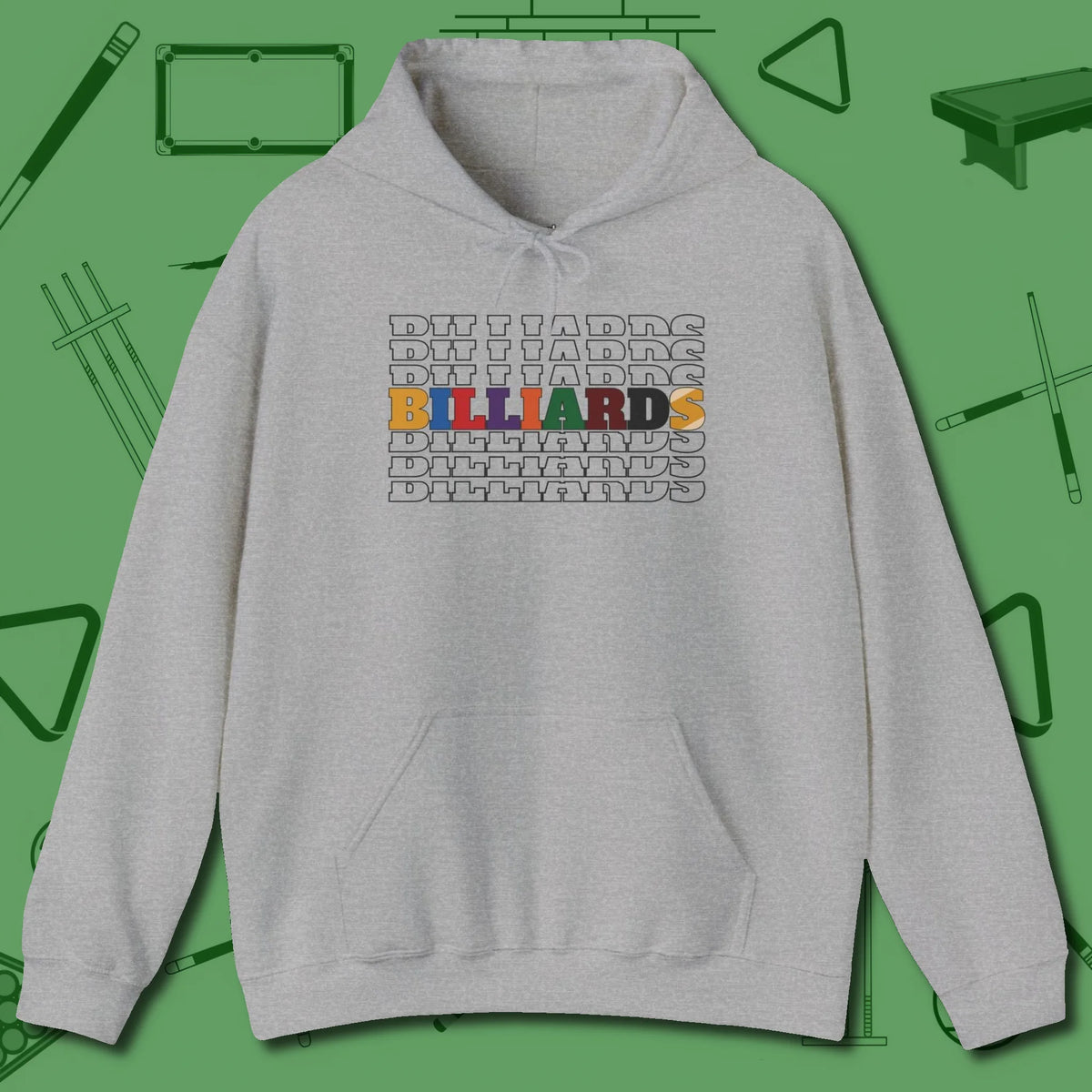 Billiards Retro Sign Hoodie, front view, in Sport Grey as serious as your stroke