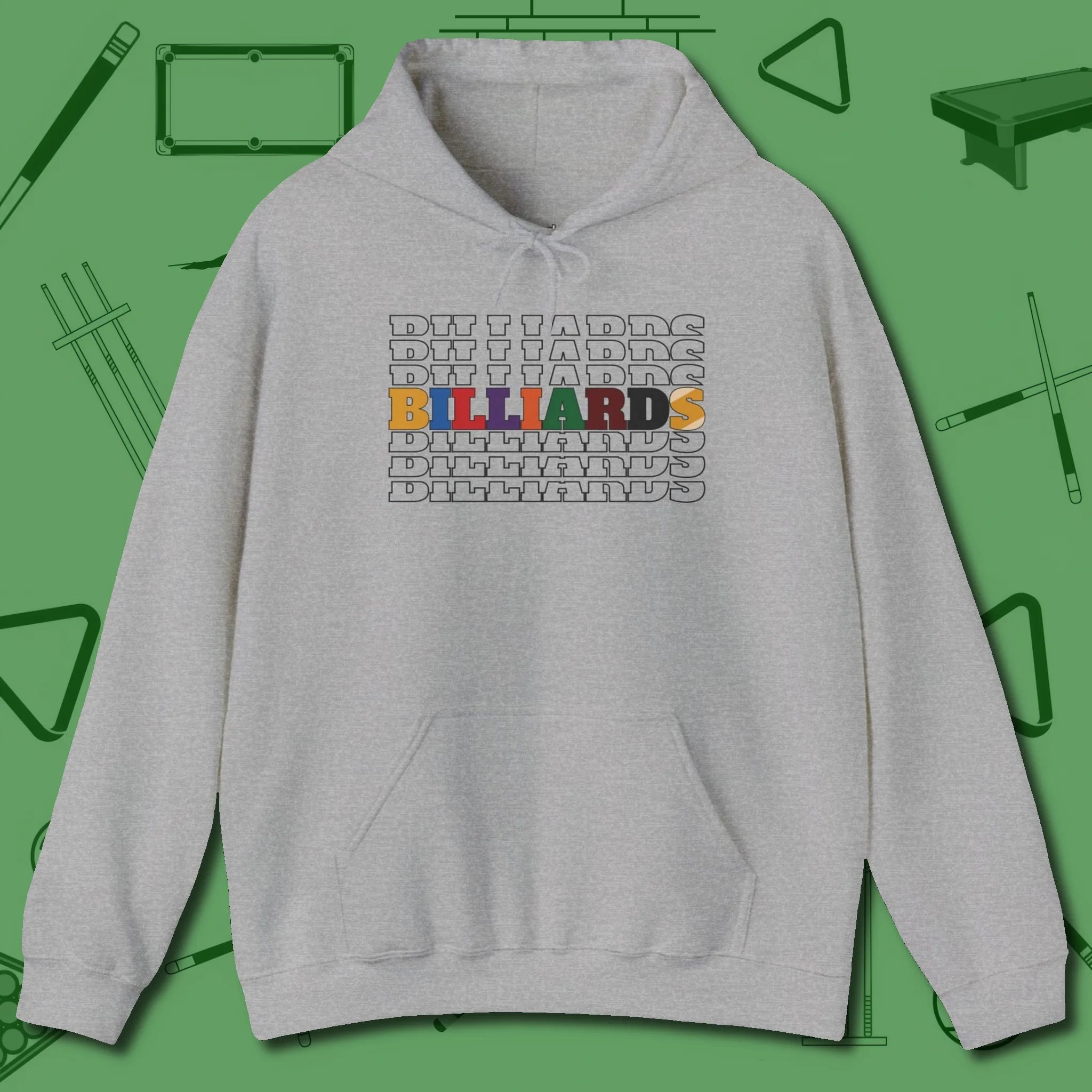 Billiards Retro Sign Hoodie, front view, in Sport Grey as serious as your stroke