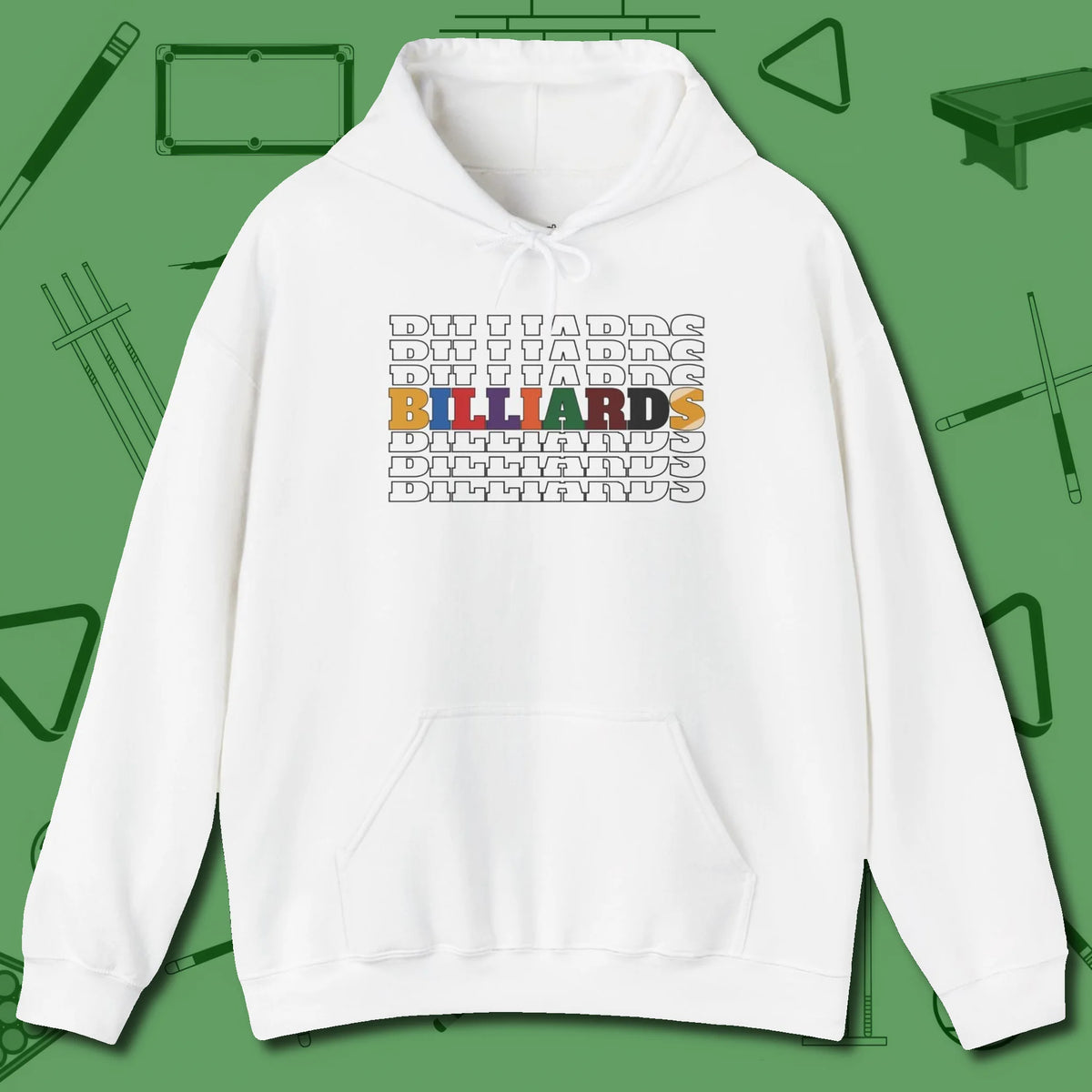 Billiards Retro Sign Hoodie, front view, in White play in style, win in silence