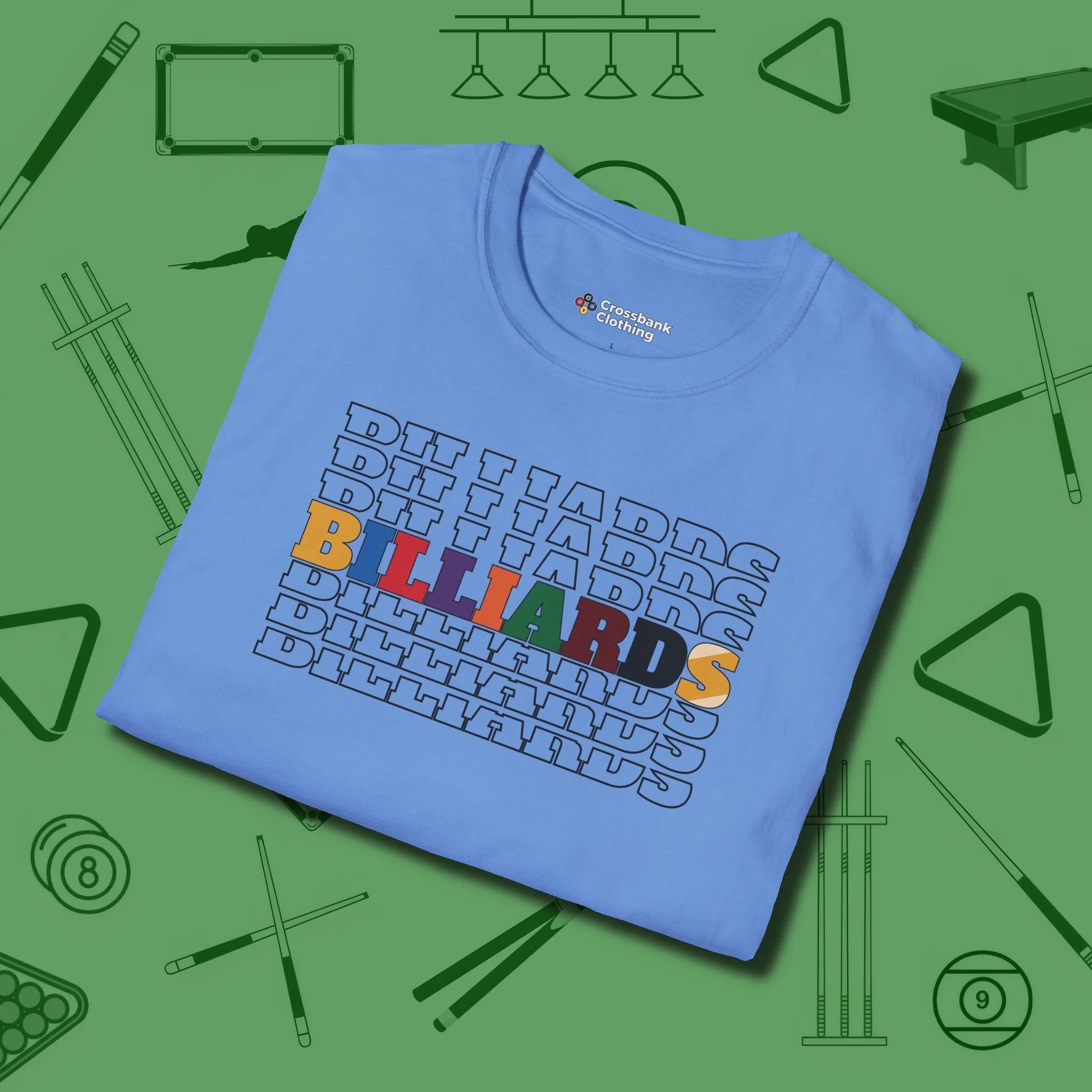 Billiards Retro Sign T-Shirt, folded view, in Carolina Blue styled to dominate from rack to run-out