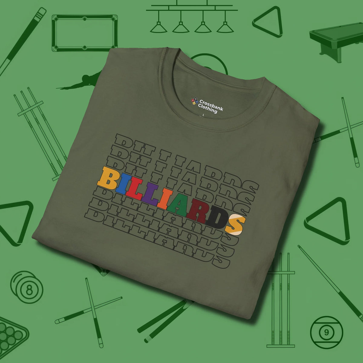 Billiards Retro Sign T-Shirt, folded view, in Military Green for shooters who dress like they play: sharp