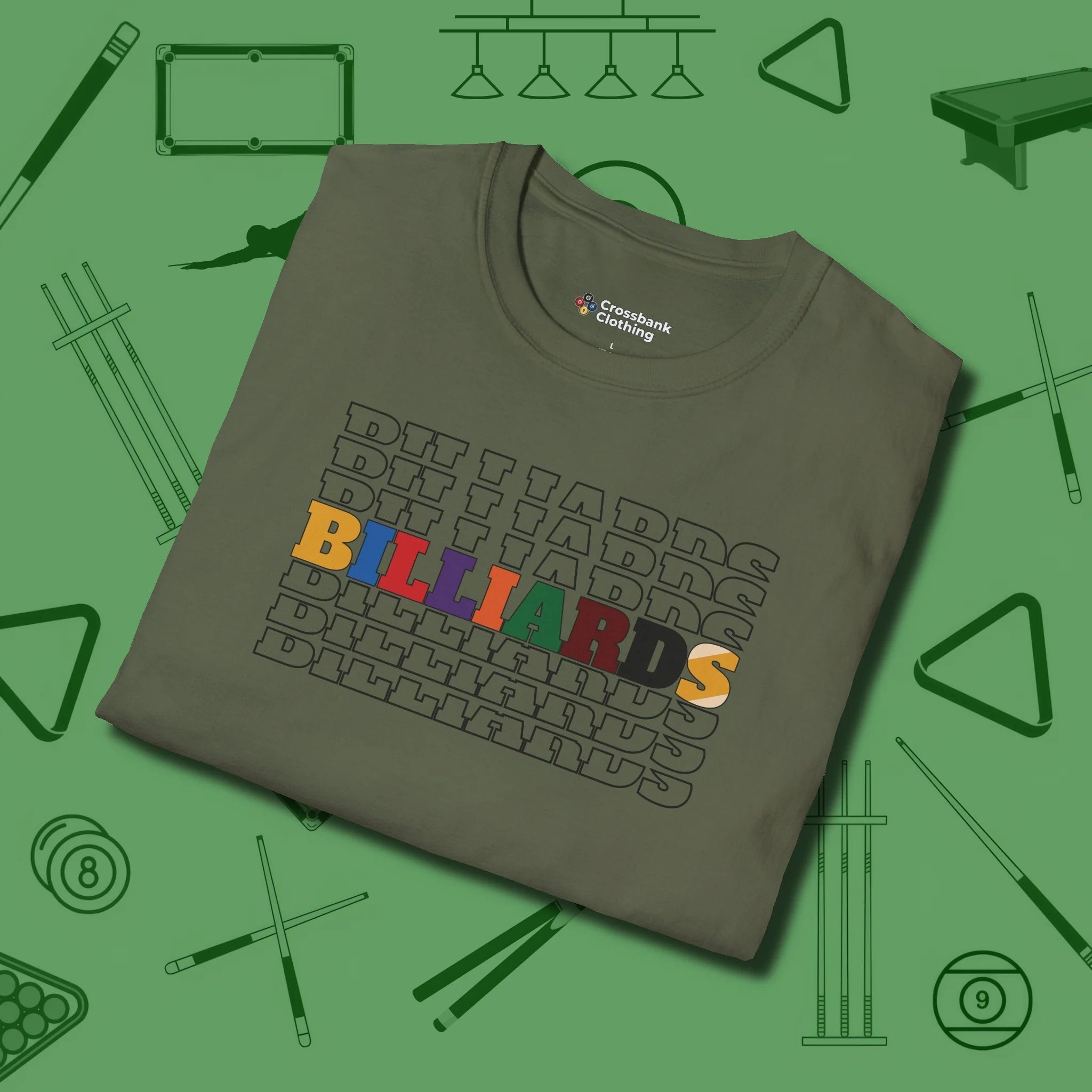 Billiards Retro Sign T-Shirt, folded view, in Military Green for shooters who dress like they play: sharp