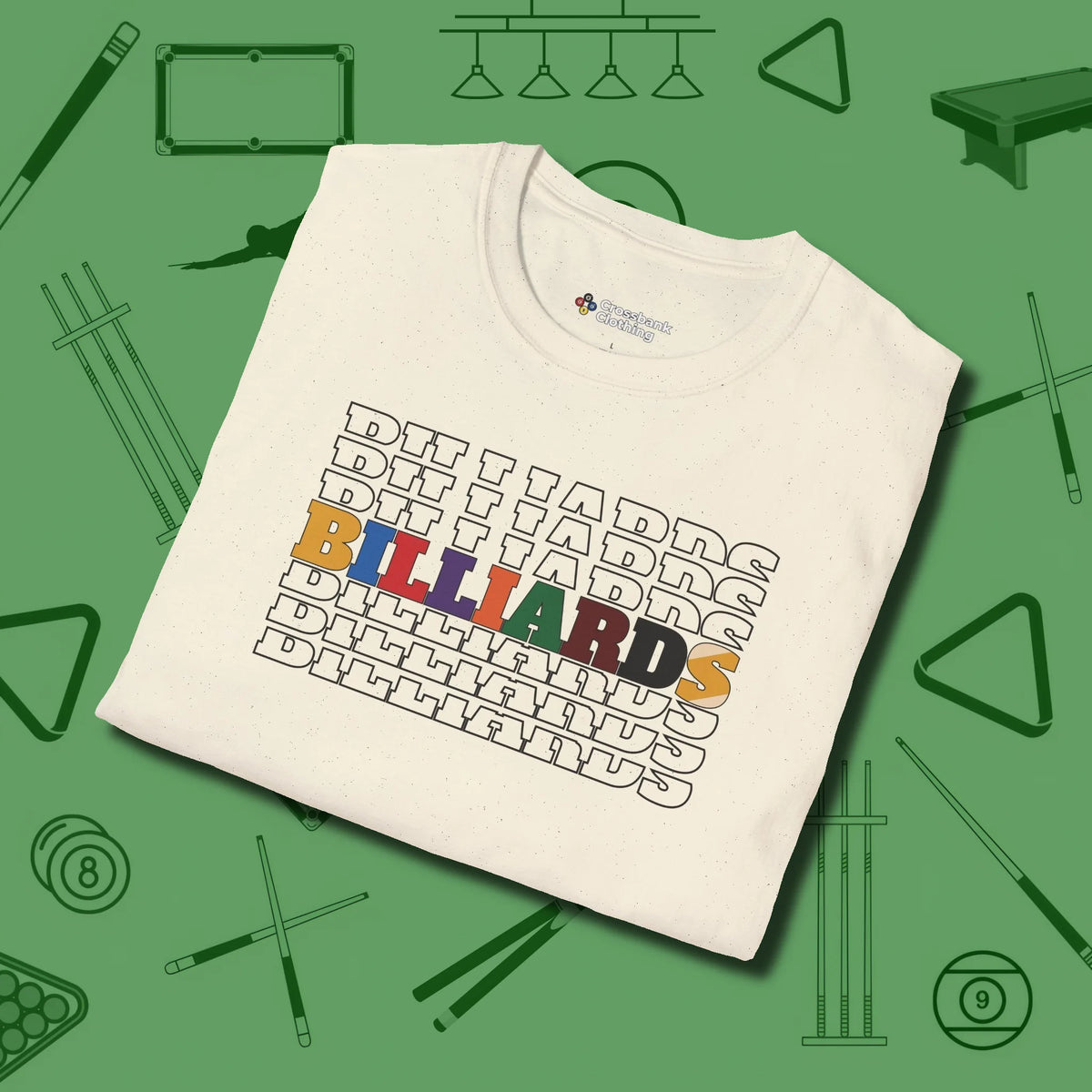 Billiards Retro Sign T-Shirt, folded view, in Natural because the table is your battlefield
