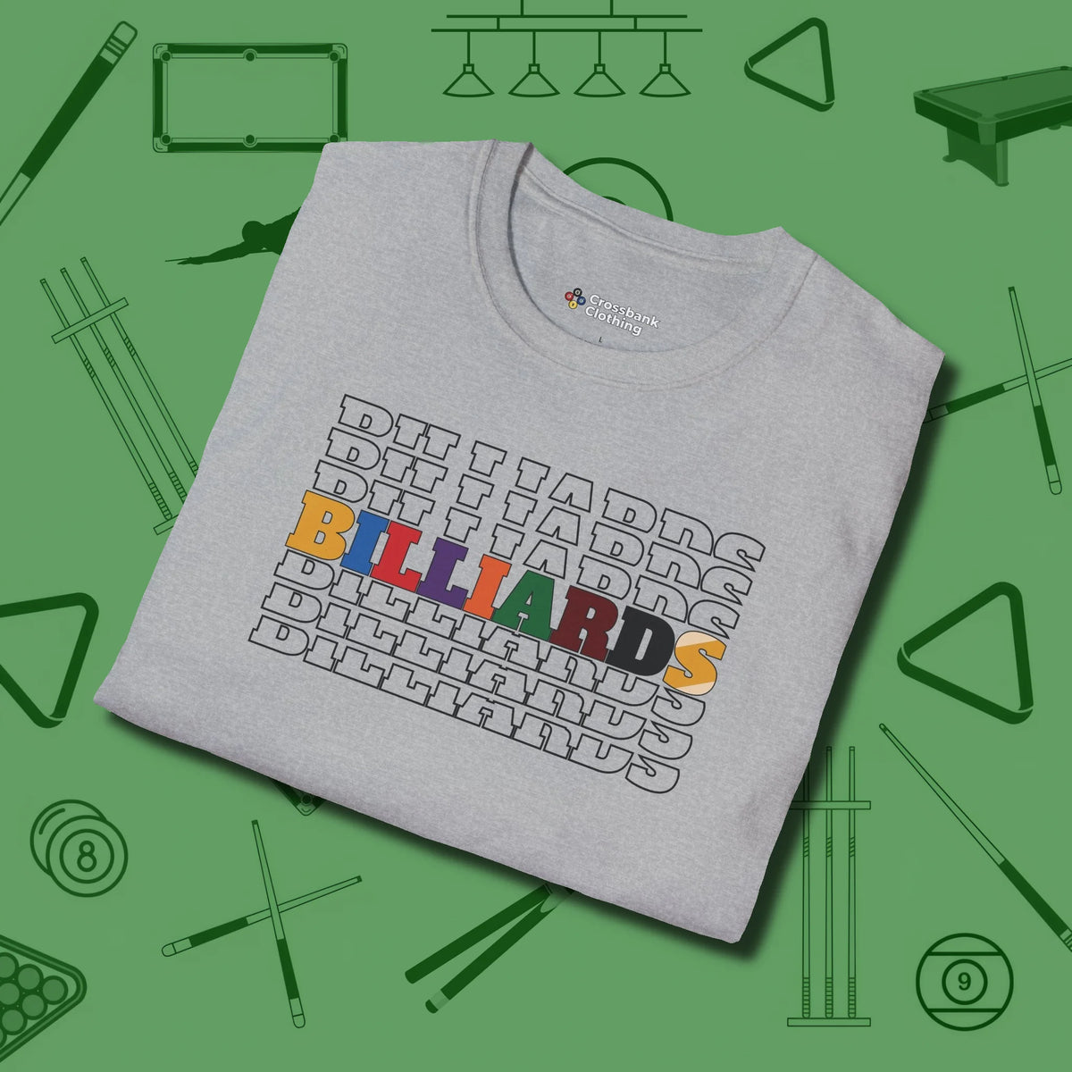 Billiards Retro Sign T-Shirt, folded view, in Sport Grey make every shot — and outfit — count