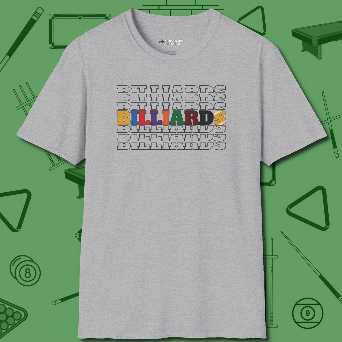 Billiards Retro Sign T-Shirt, front view, in Sport Grey cool enough for a corner pocket finish