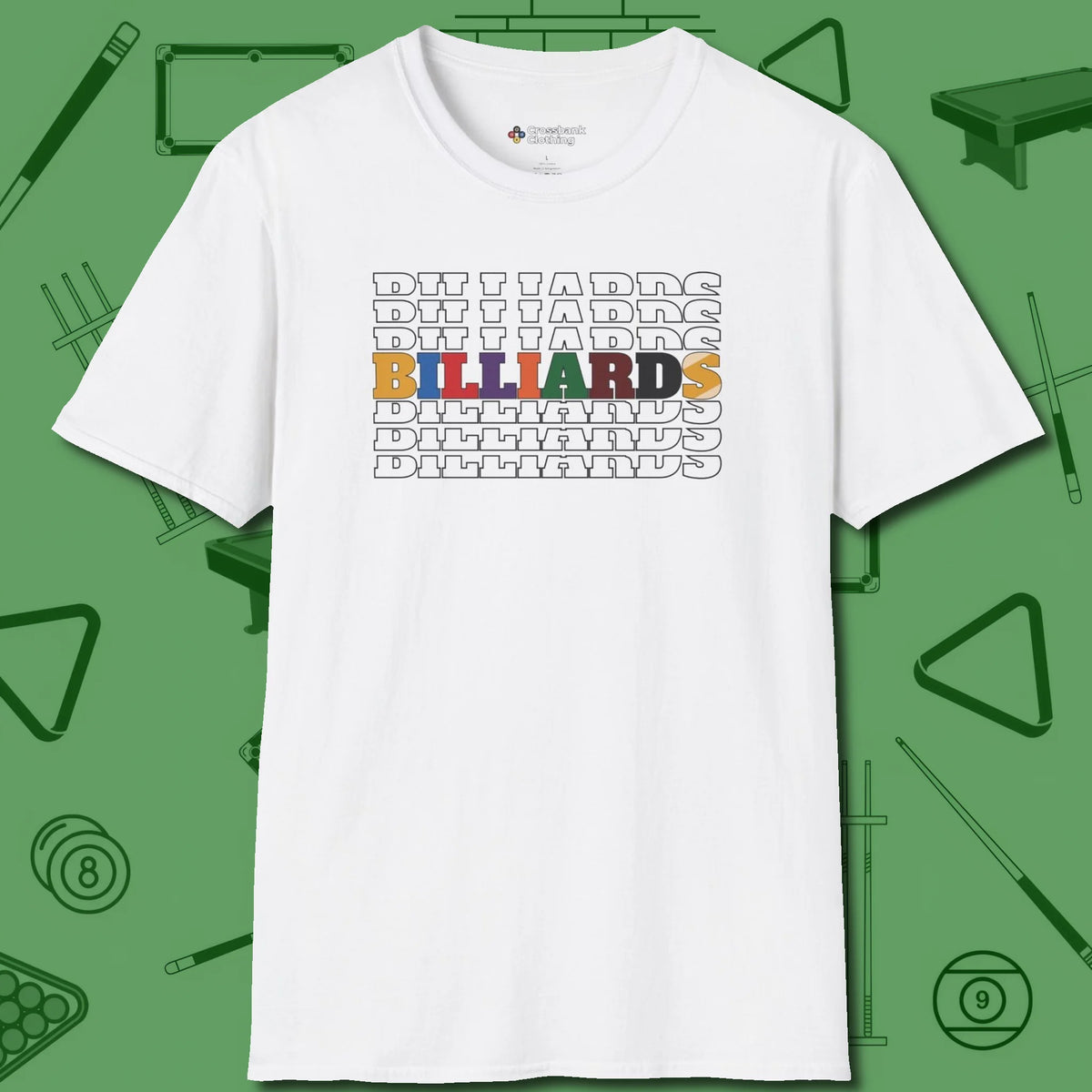 Billiards Retro Sign T-Shirt, front view, in White confidence stitched in every seam