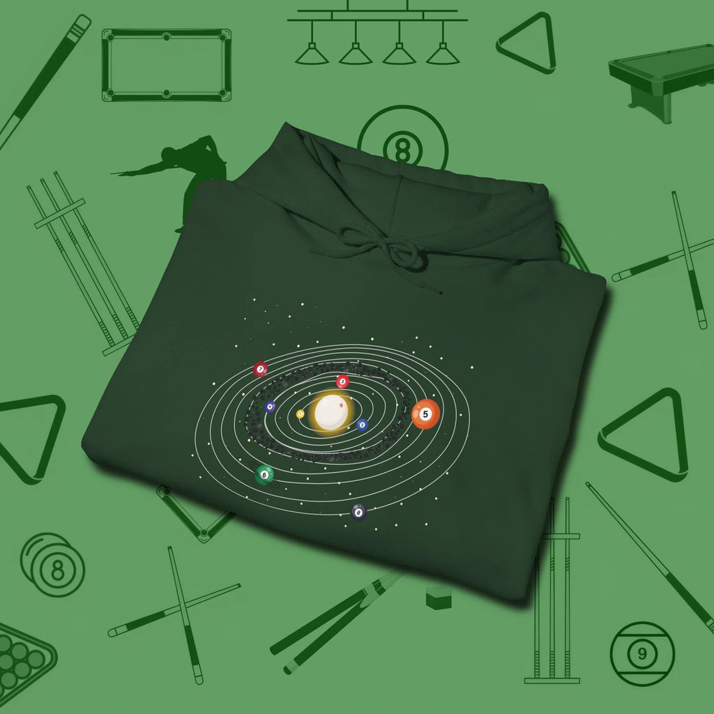 Billiards Solar System Hoodie, folded view, in Forest Green the shirt that plays position