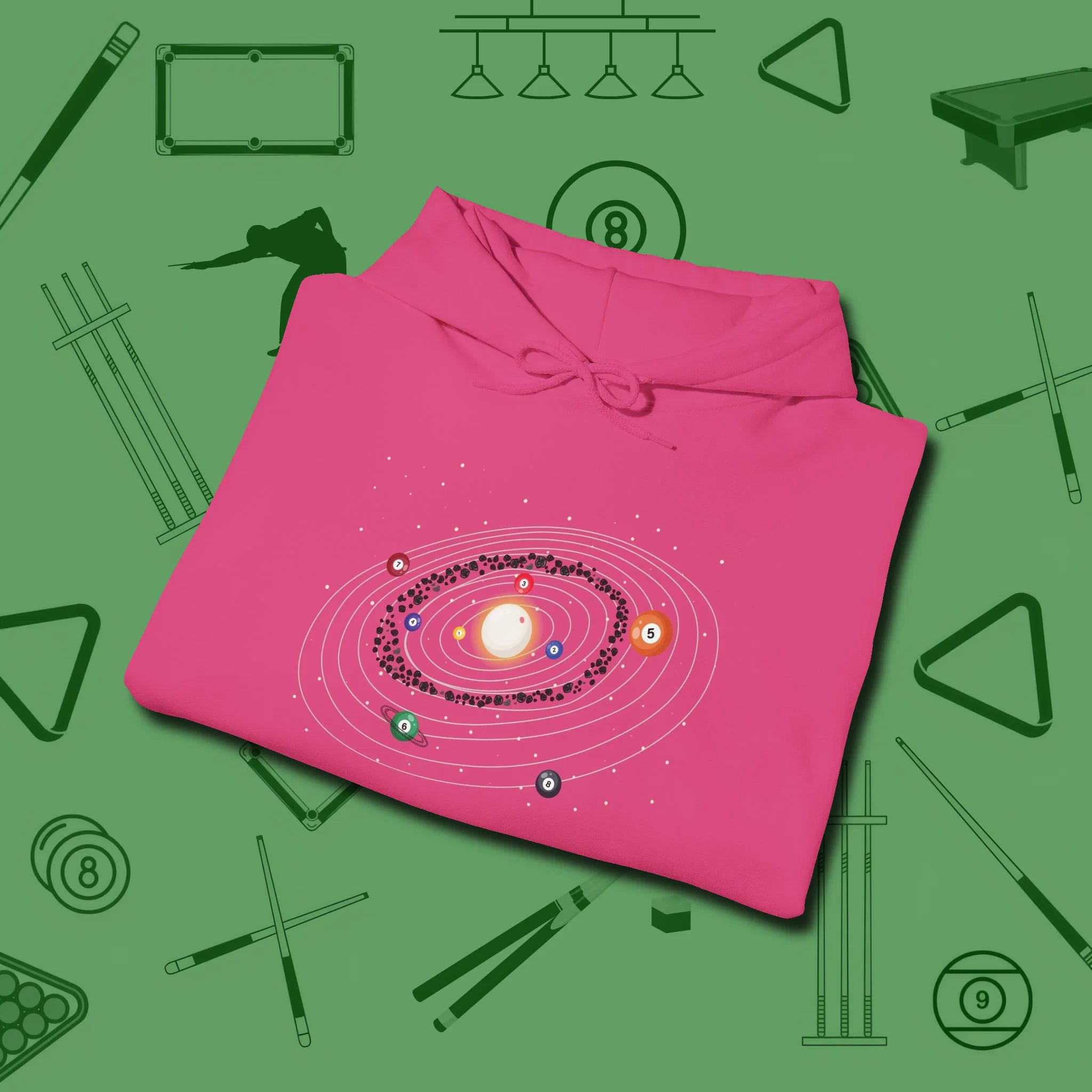 Billiards Solar System Hoodie, folded view, in Heliconia as serious as your stroke