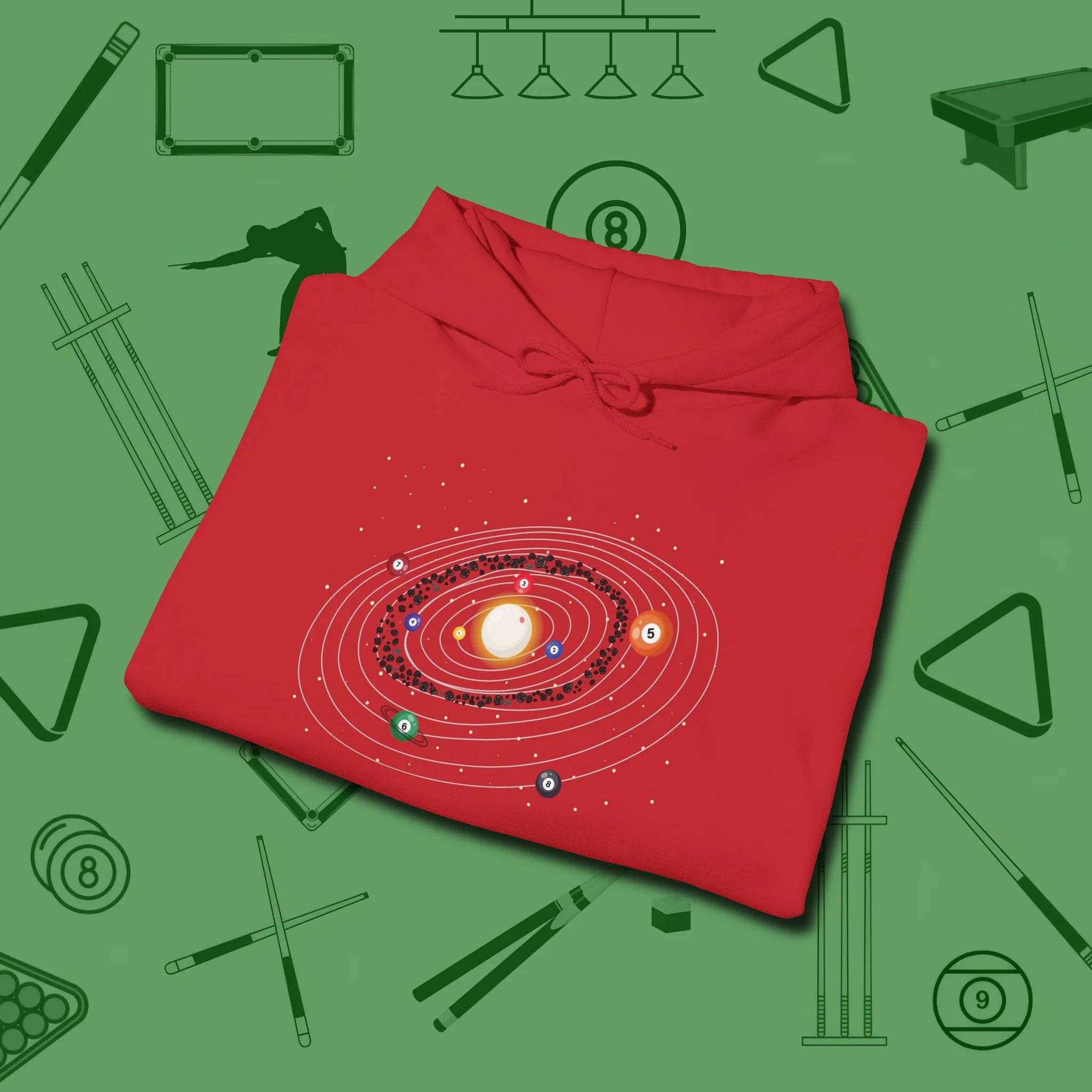 Billiards Solar System Hoodie, folded view, in Red for shooters who dress like they play: sharp