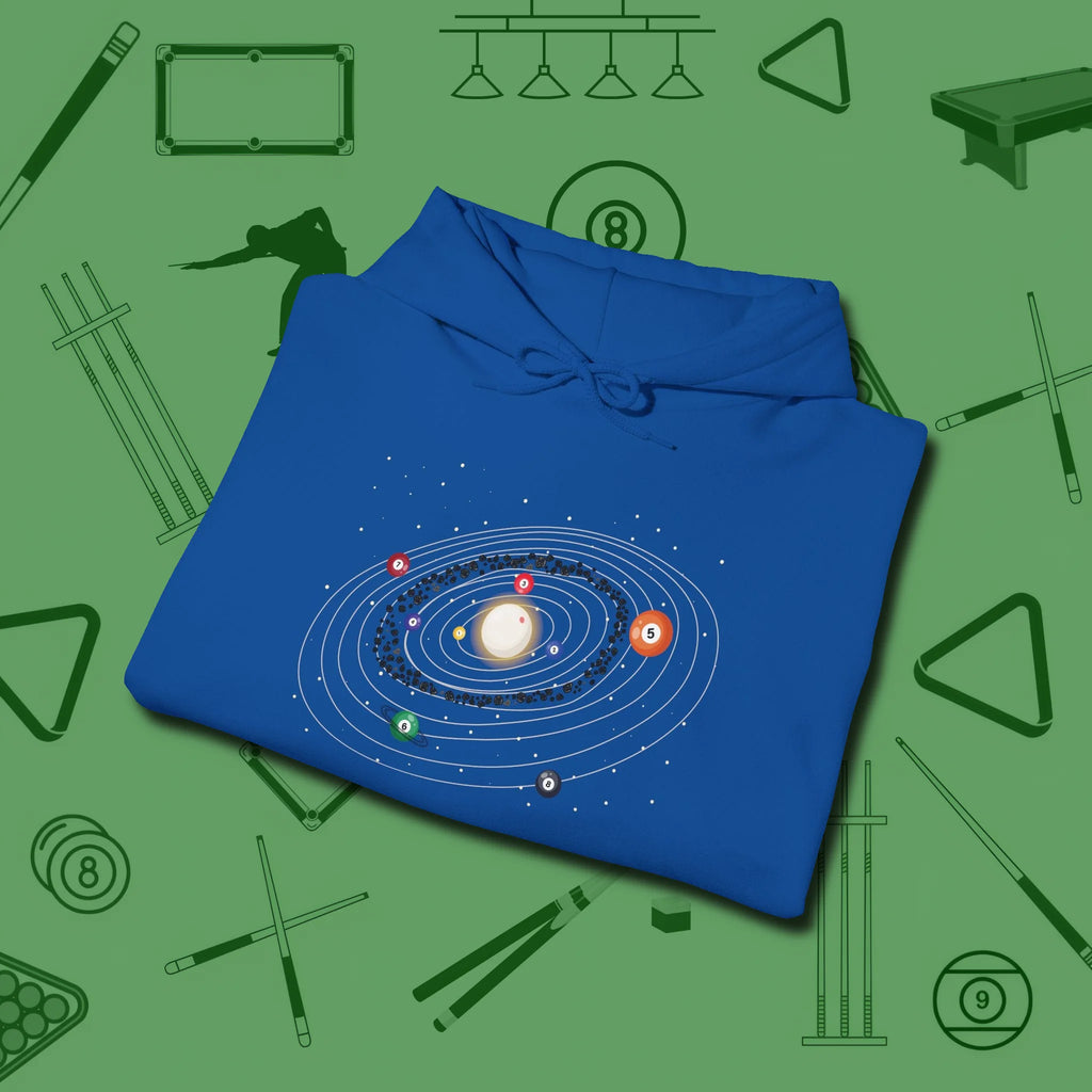 Billiards Solar System Hoodie, folded view, in Royal cue up respect every time you wear it