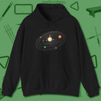 Billiards Solar System Hoodie, front view, in Black subtle drip for serious shooters