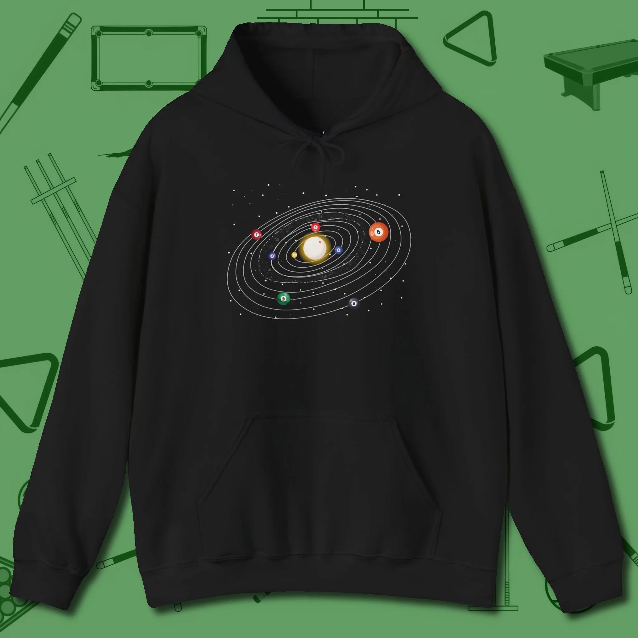 Billiards Solar System Hoodie, front view, in Black subtle drip for serious shooters