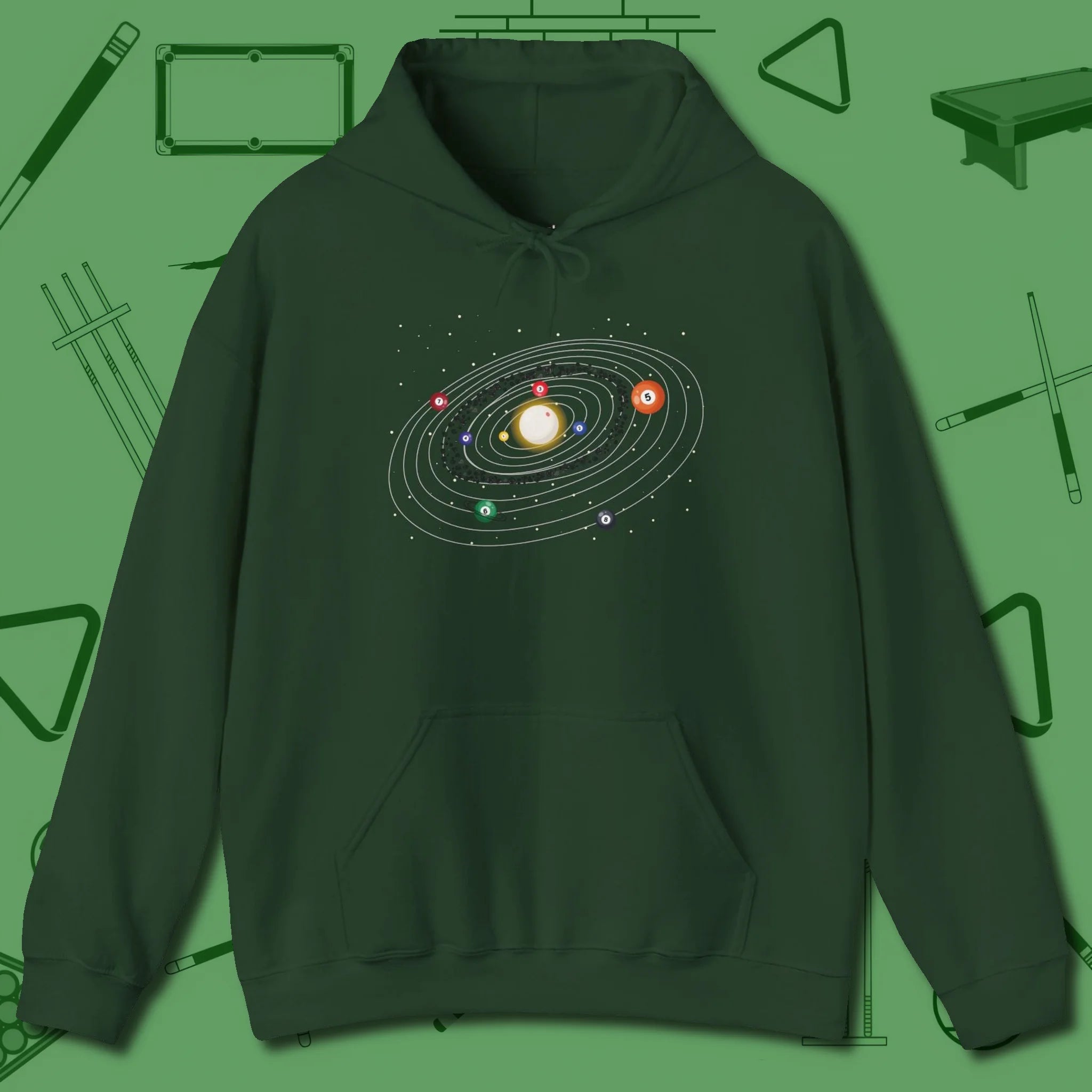Billiards Solar System Hoodie, front view, in Forest Green because pool isn’t just a game — it’s who you are