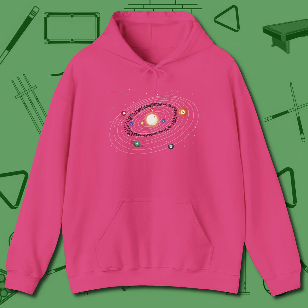 Billiards Solar System Hoodie, front view, in Heliconia break, run out, turn heads — repeat