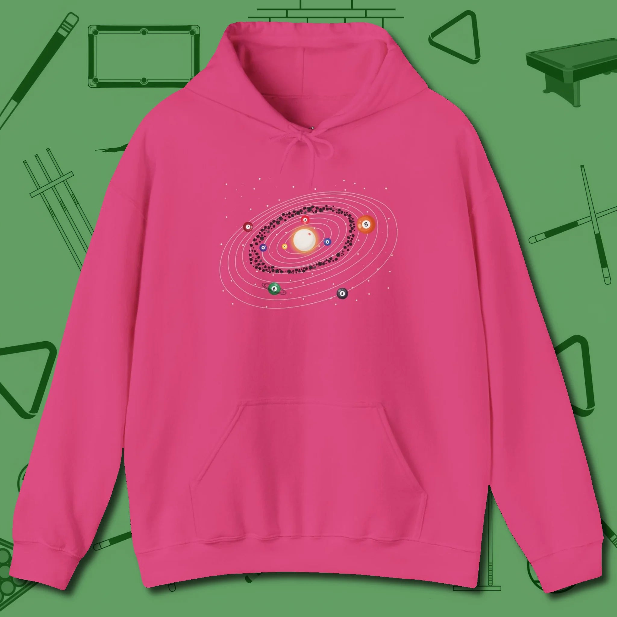Billiards Solar System Hoodie, front view, in Heliconia break, run out, turn heads — repeat