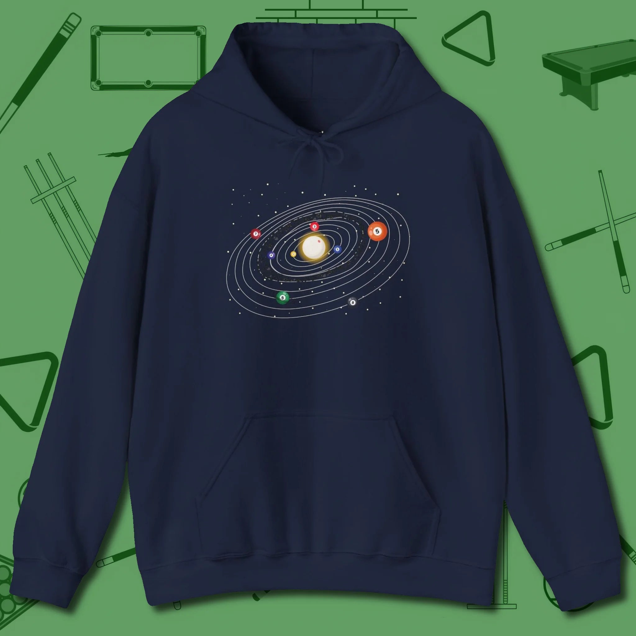 Billiards Solar System Hoodie, front view, in Navy from chalk to clutch, look the part
