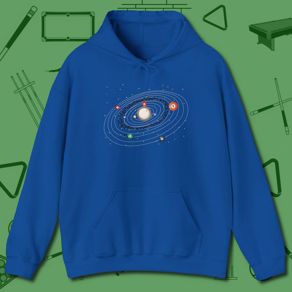 Billiards Solar System Hoodie, front view, in Royal helps your stroke and your style