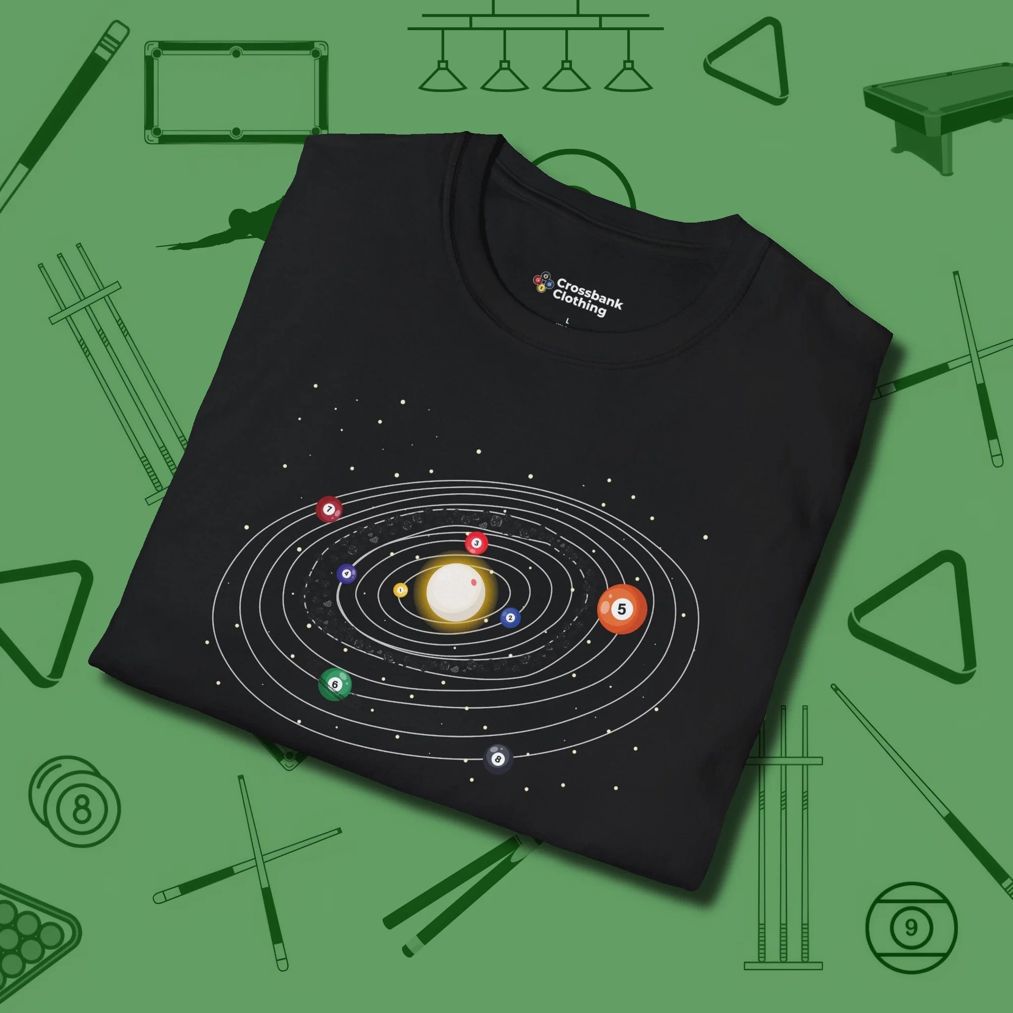 Billiards Solar System T-Shirt, folded view, in Black put your best game on display