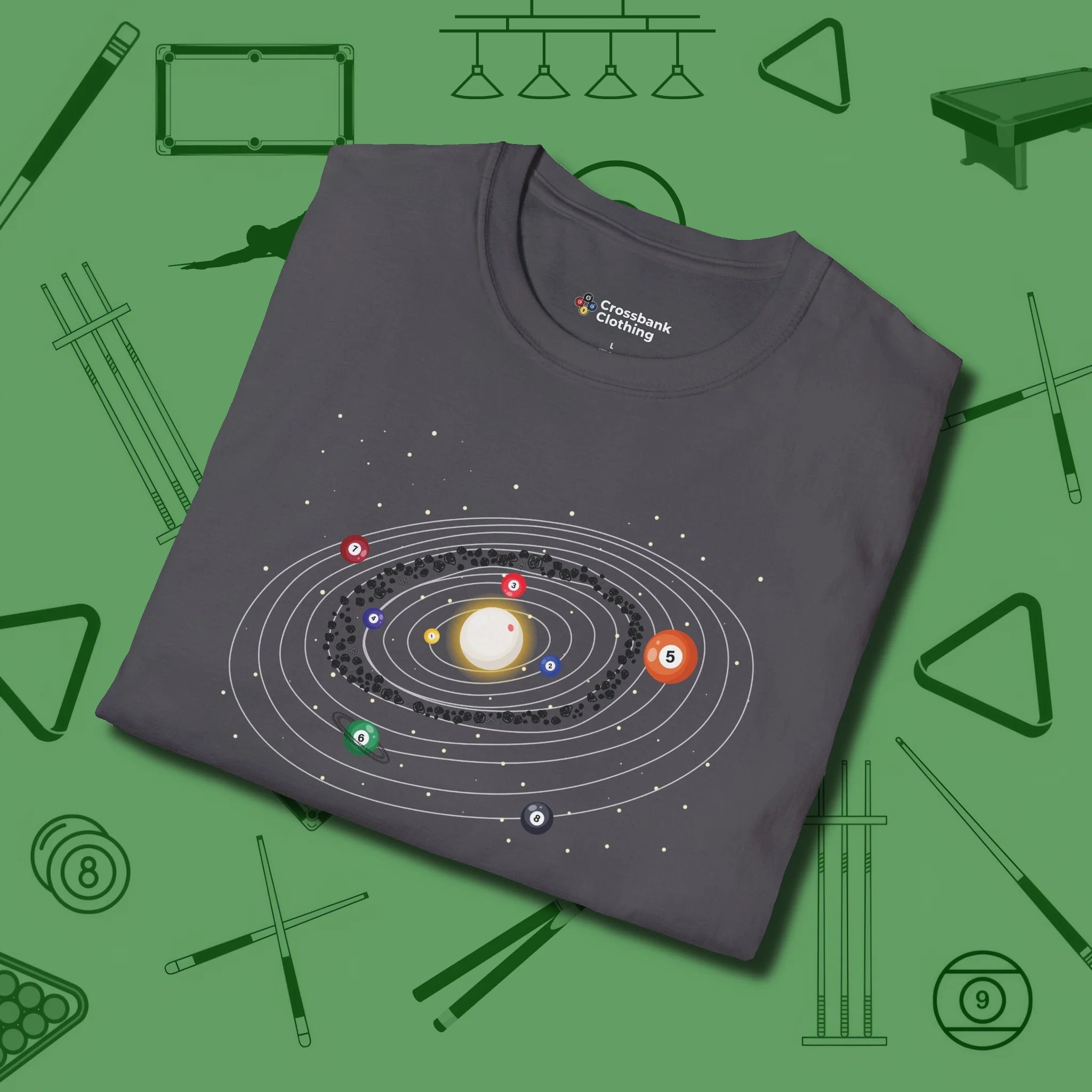 Billiards Solar System T-Shirt, folded view, in Charcoal stitched for cue discipline and cool confidence