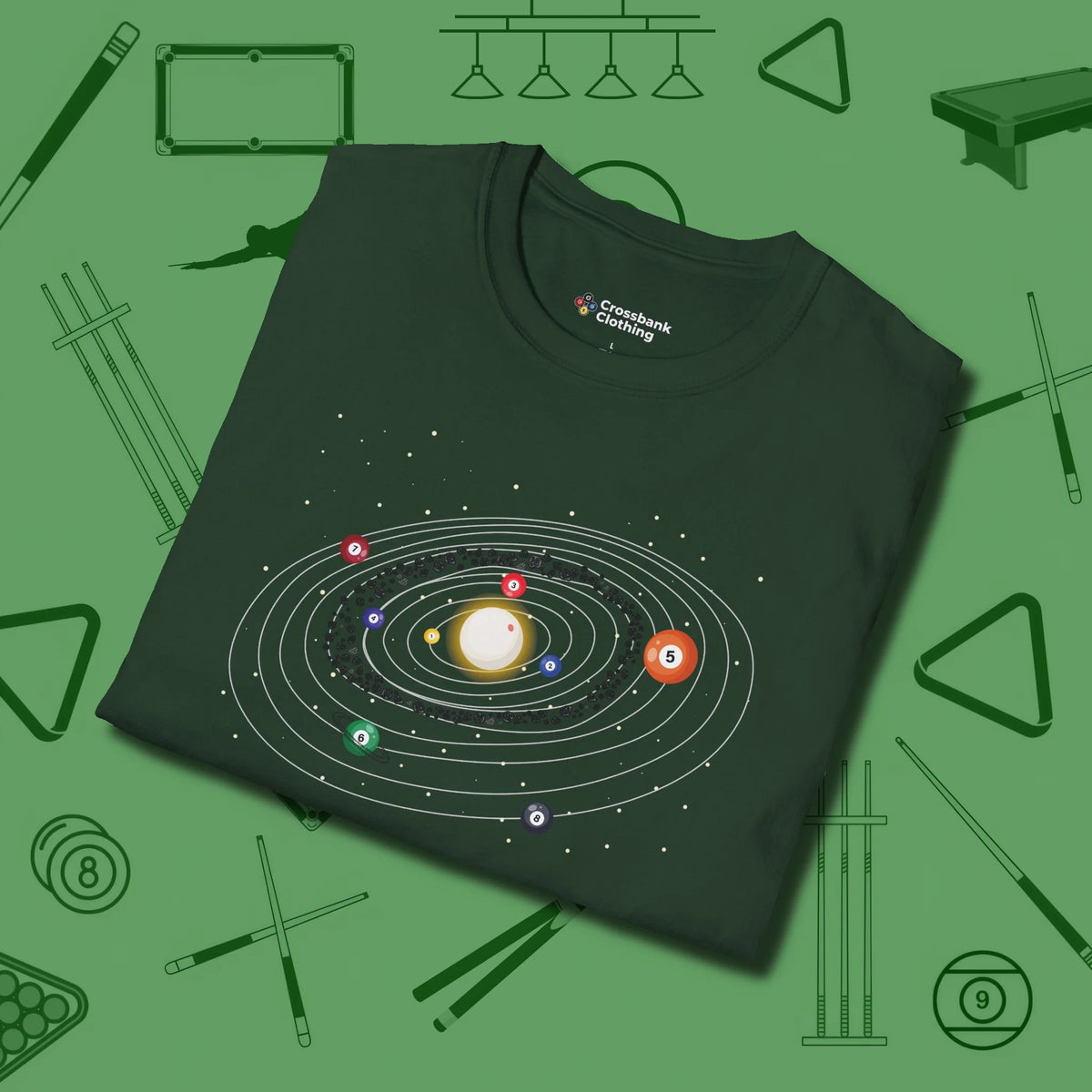 Billiards Solar System T-Shirt, folded view, in Forest Green ideal for clean hits and clean fits