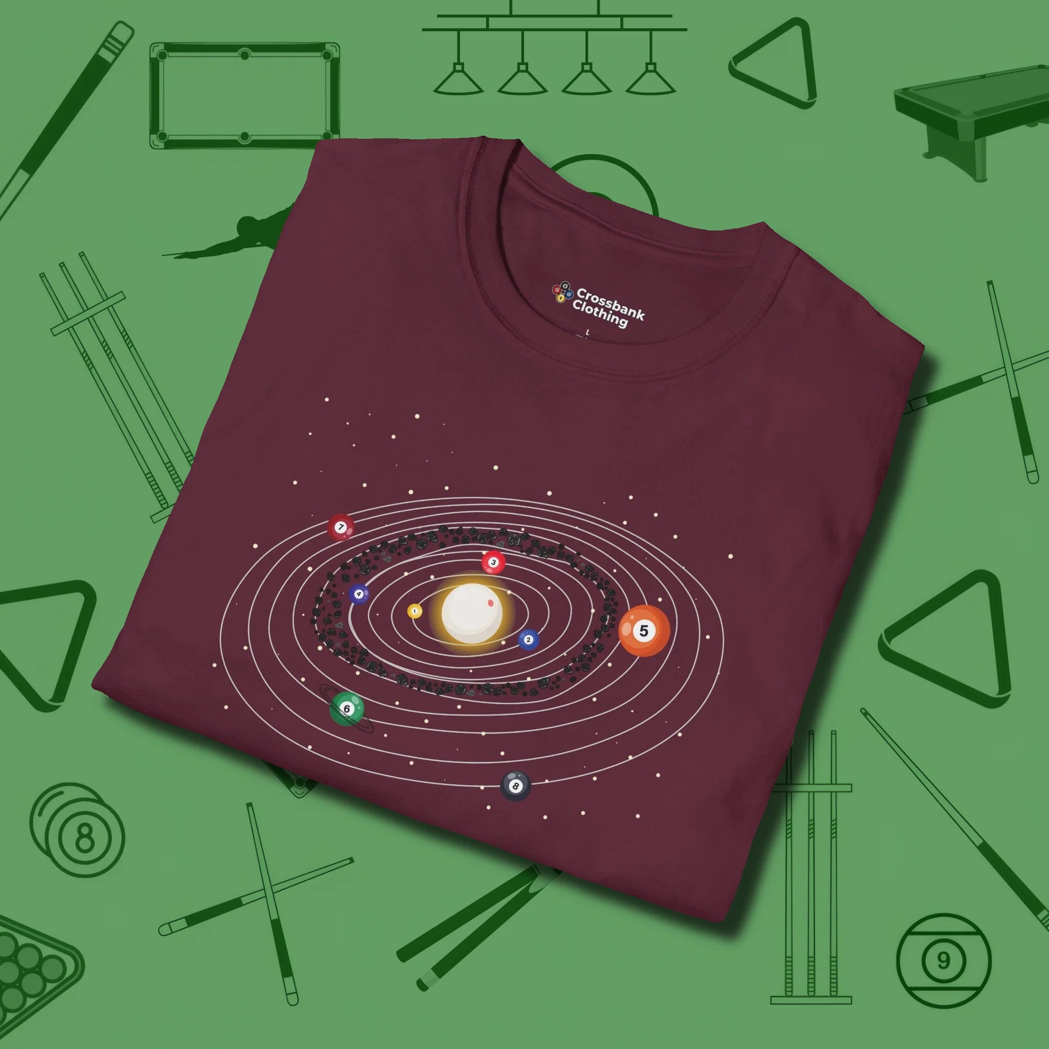 Billiards Solar System T-Shirt, folded view, in Maroon as serious as your stroke