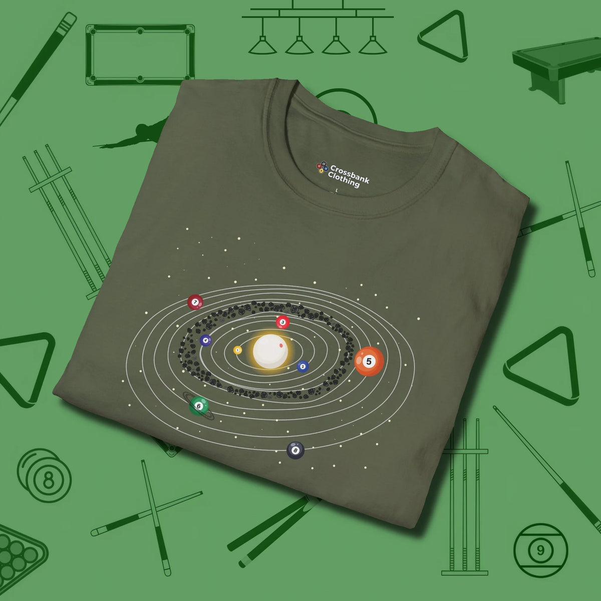 Billiards Solar System T-Shirt, folded view, in Military Green your go-to shirt for league night victories