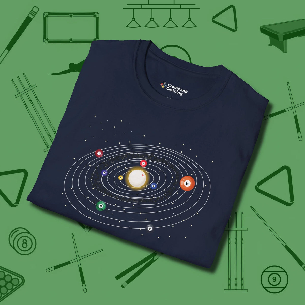 Billiards Solar System T-Shirt, folded view, in Navy look good while calling your pocket