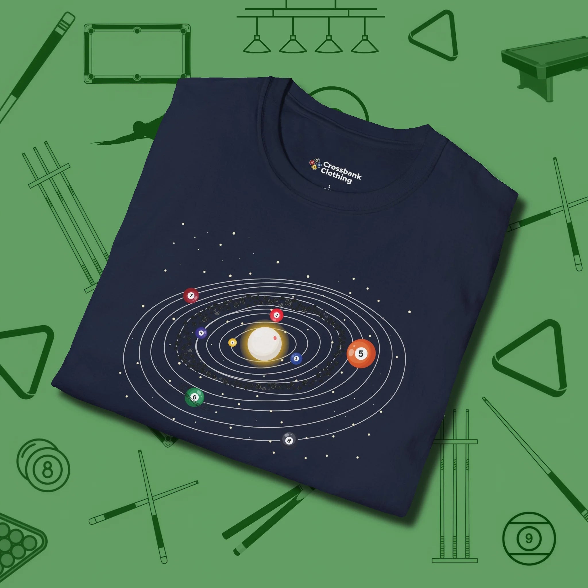 Billiards Solar System T-Shirt, folded view, in Navy look good while calling your pocket