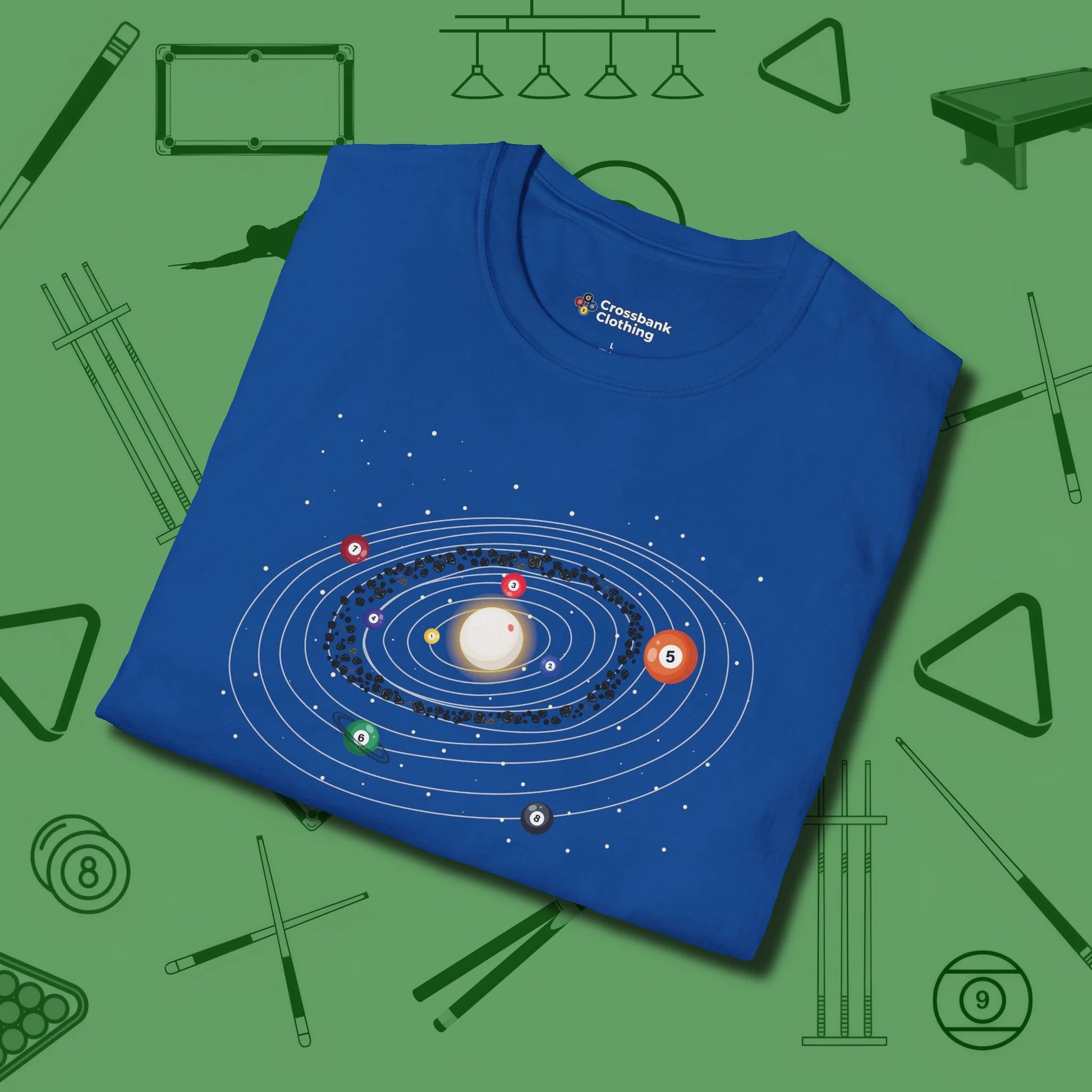 Billiards Solar System T-Shirt, folded view, in Royal confidence stitched in every seam