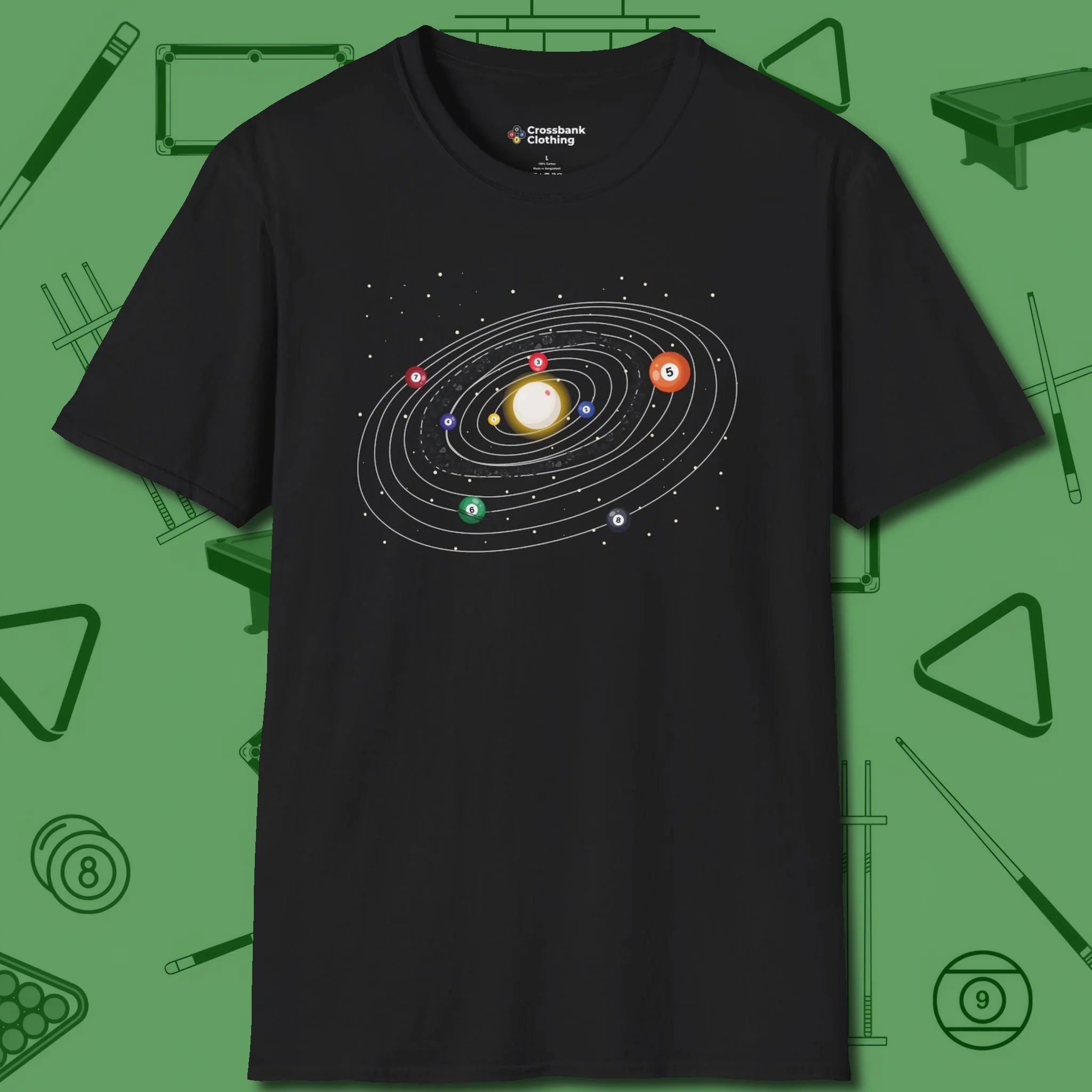 Billiards Solar System T-Shirt, front view, in Black because pool isn’t just a game — it’s who you are