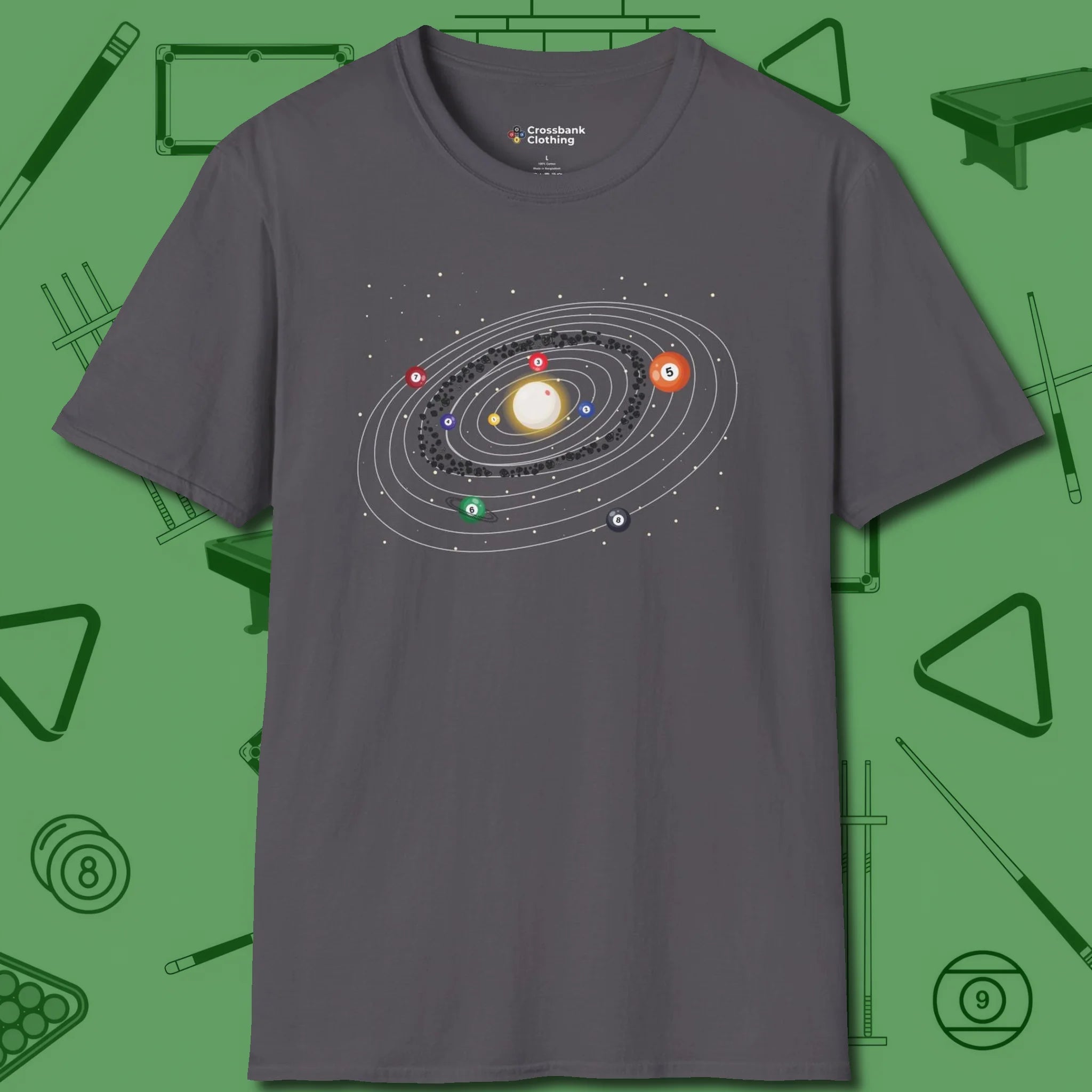 Billiards Solar System T-Shirt, front view, in Charcoal an extension of your pool persona