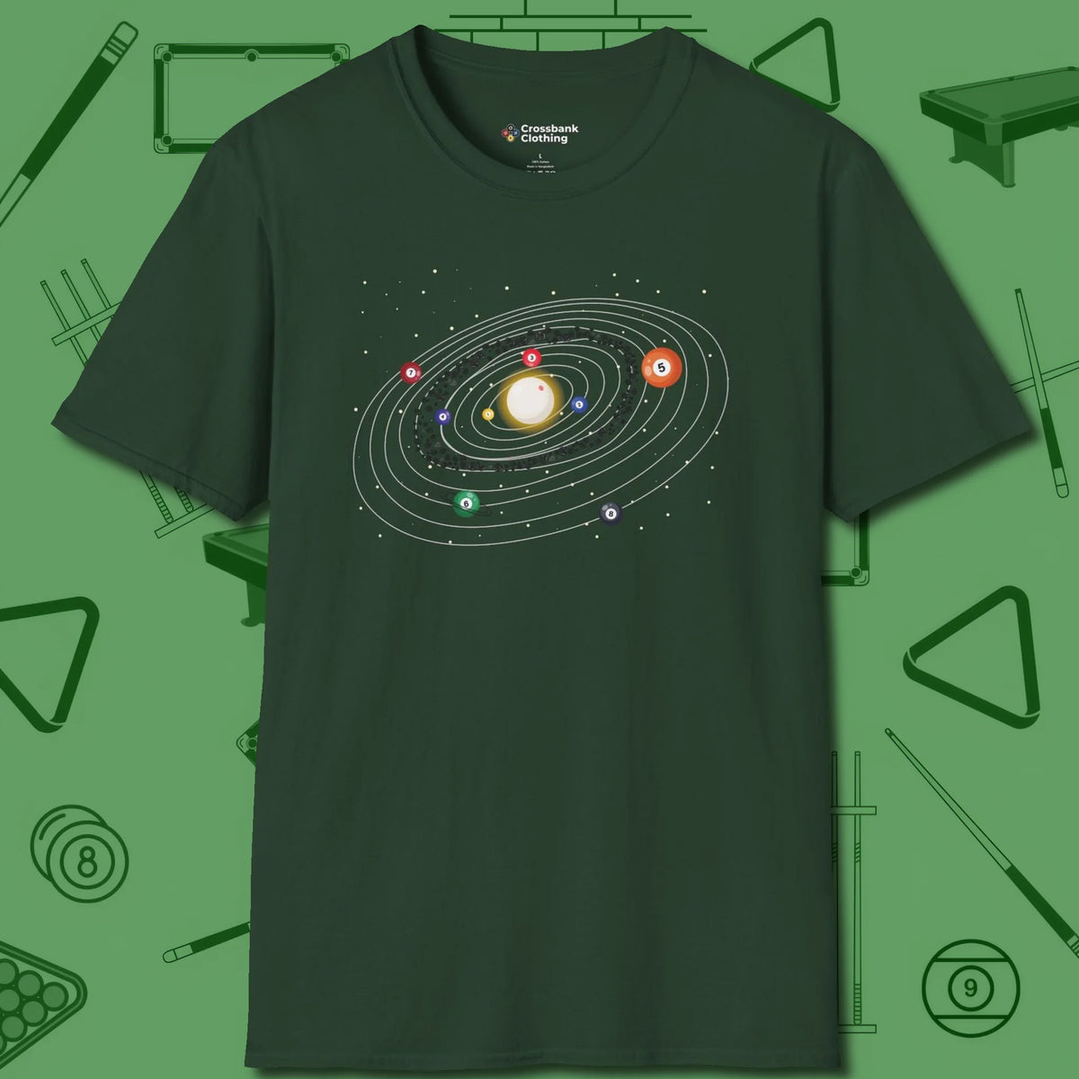 Billiards Solar System T-Shirt, front view, in Forest Green an extension of your pool persona