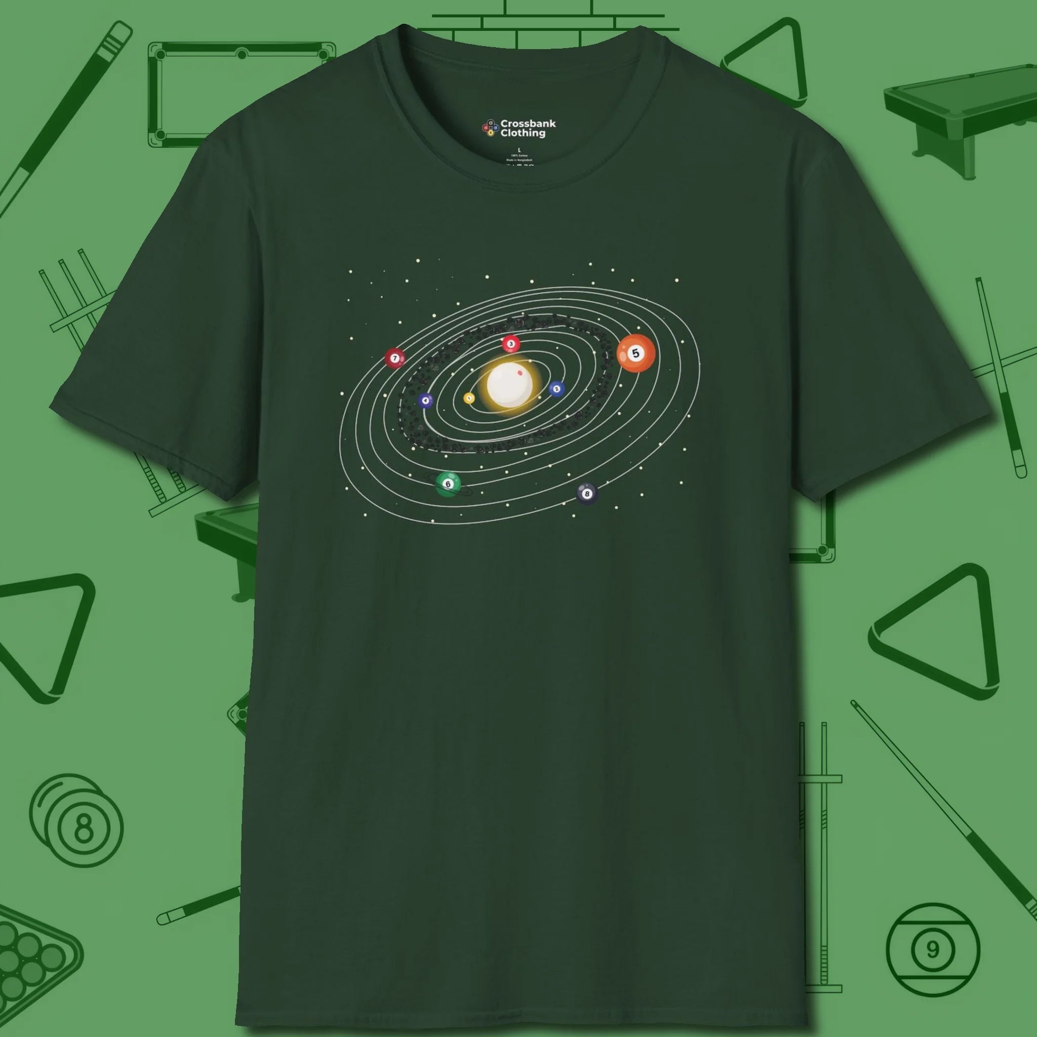 Billiards Solar System T-Shirt, front view, in Forest Green an extension of your pool persona