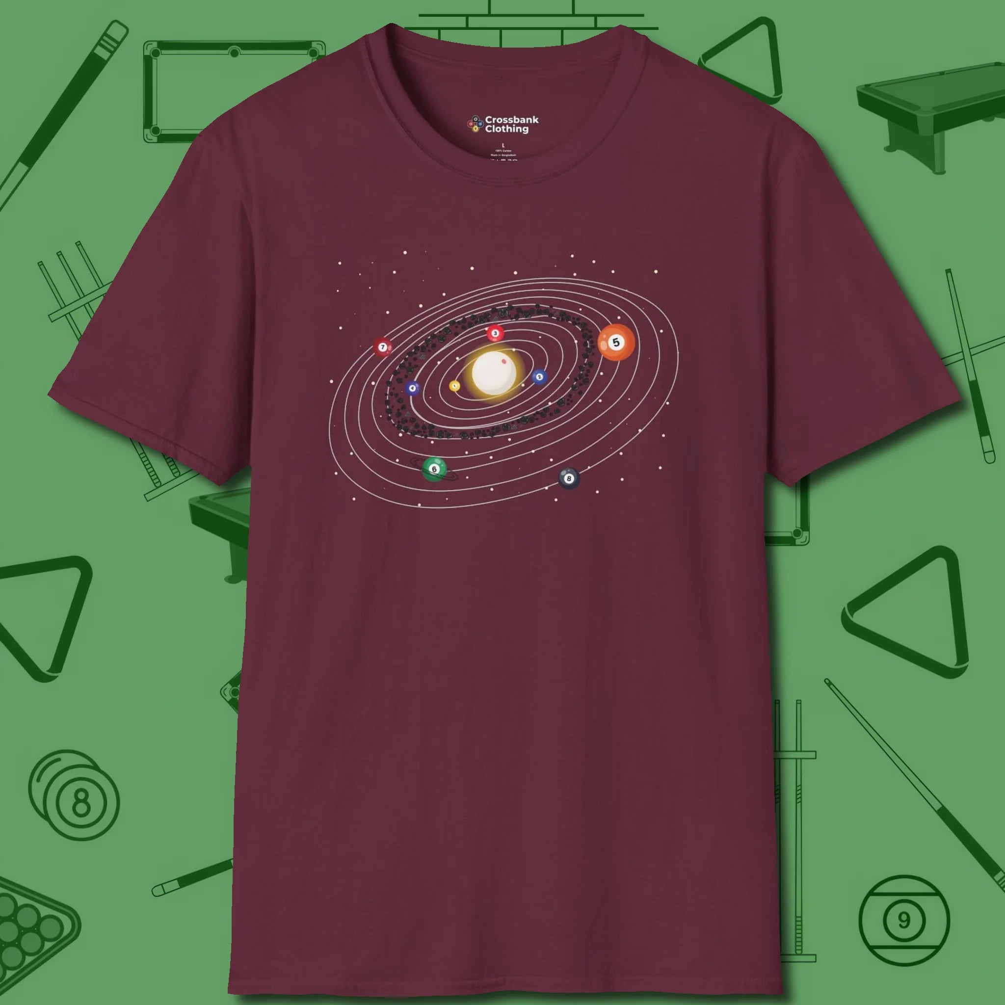 Billiards Solar System T-Shirt, front view, in Maroon table-tested, street-approved style