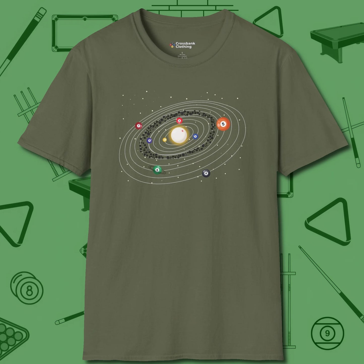 Billiards Solar System T-Shirt, front view, in Military Green break, run out, turn heads — repeat