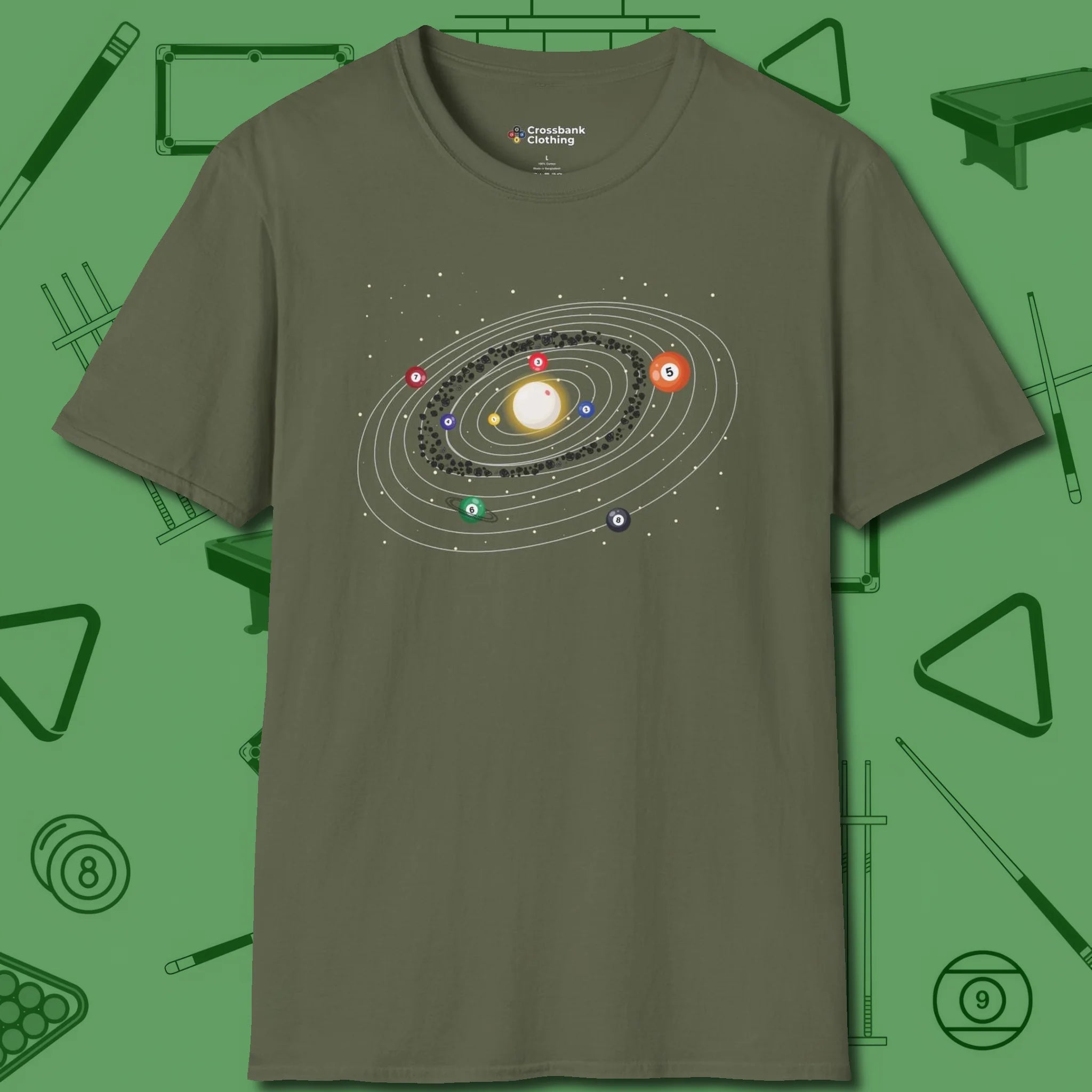 Billiards Solar System T-Shirt, front view, in Military Green break, run out, turn heads — repeat