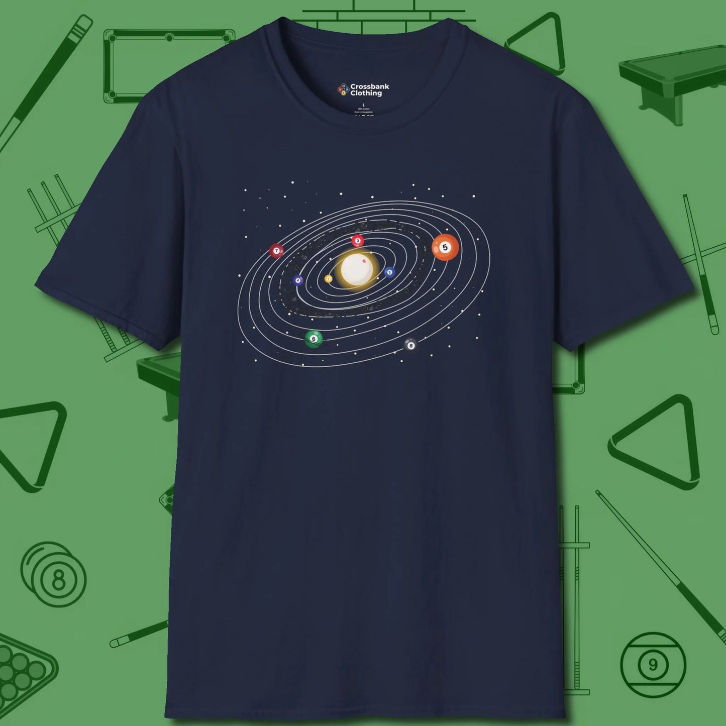 Billiards Solar System T-Shirt, front view, in Navy from chalk to clutch, look the part